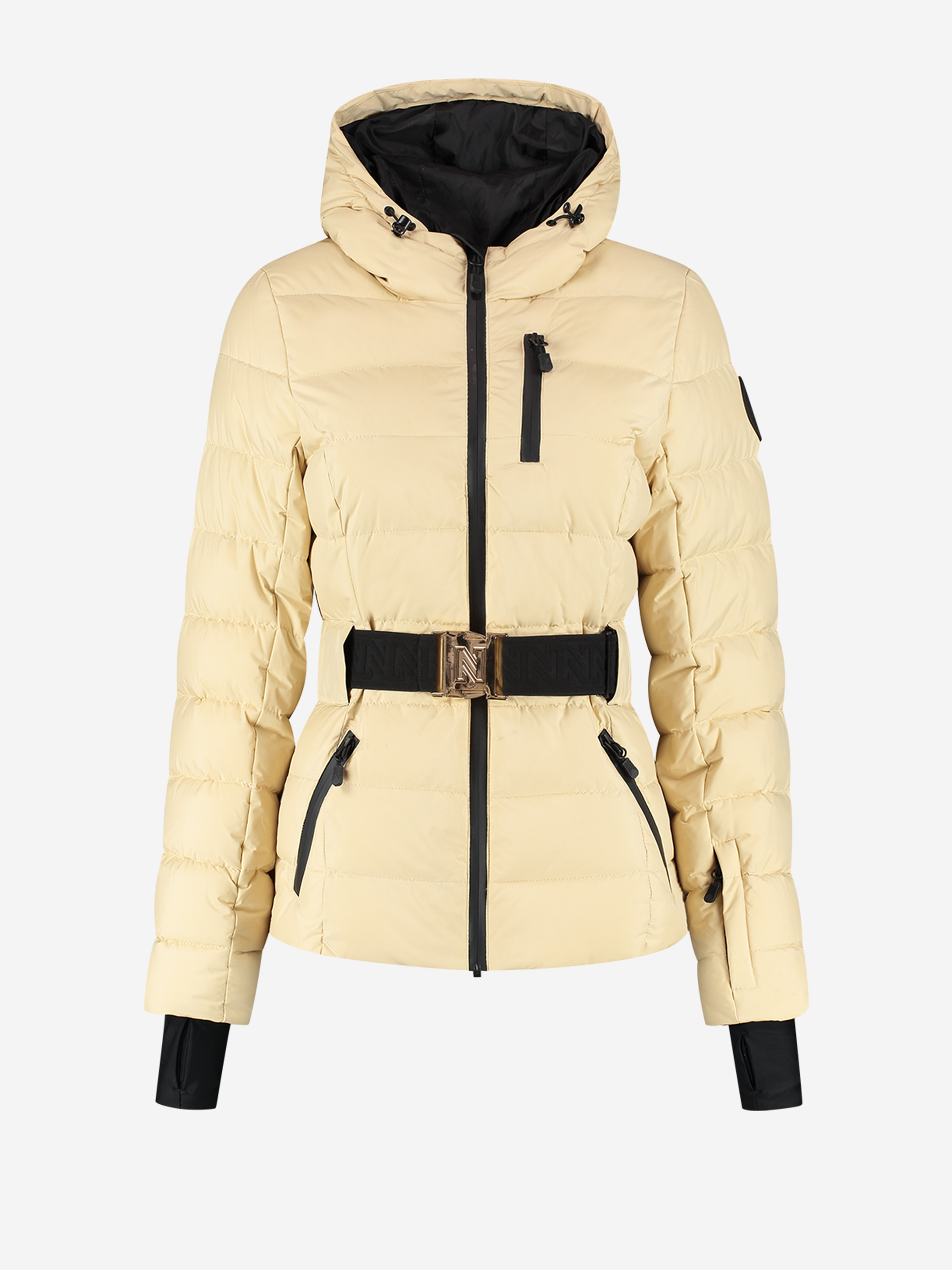 Ski jacket with hood and elastic belt