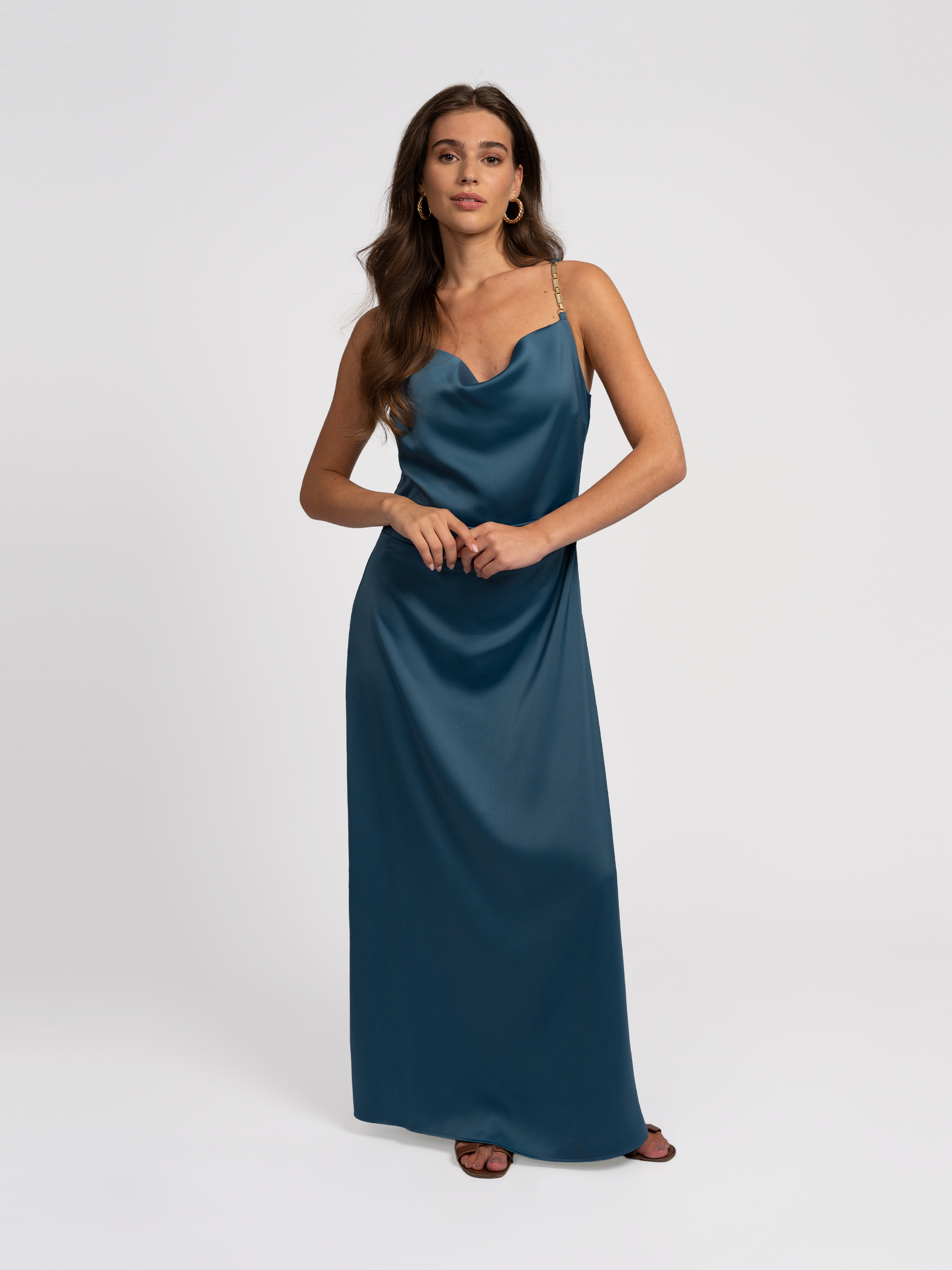 Satin maxi dress with waterfall neckline