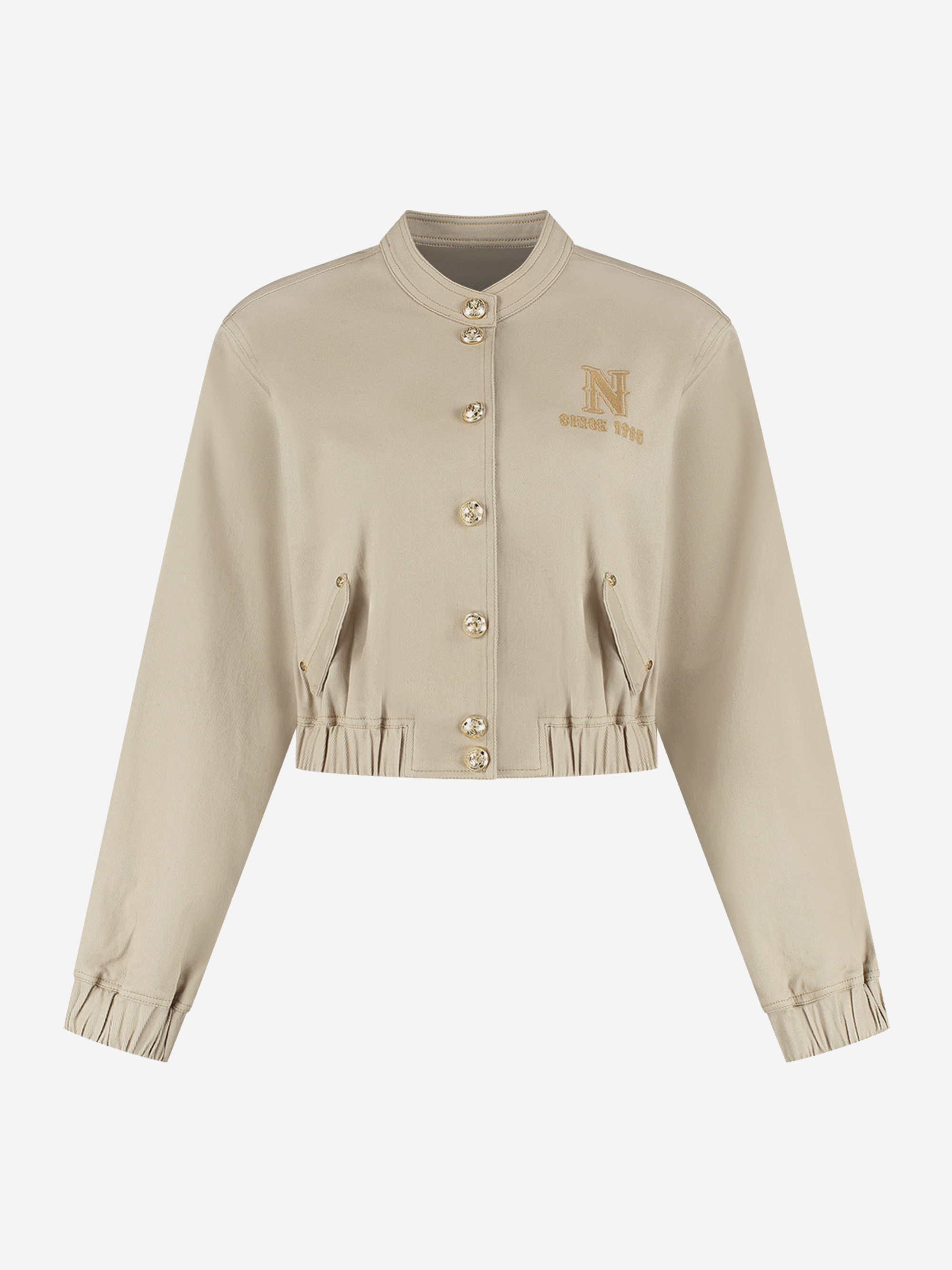 Kort denim bomberjack met logo en N-knopen