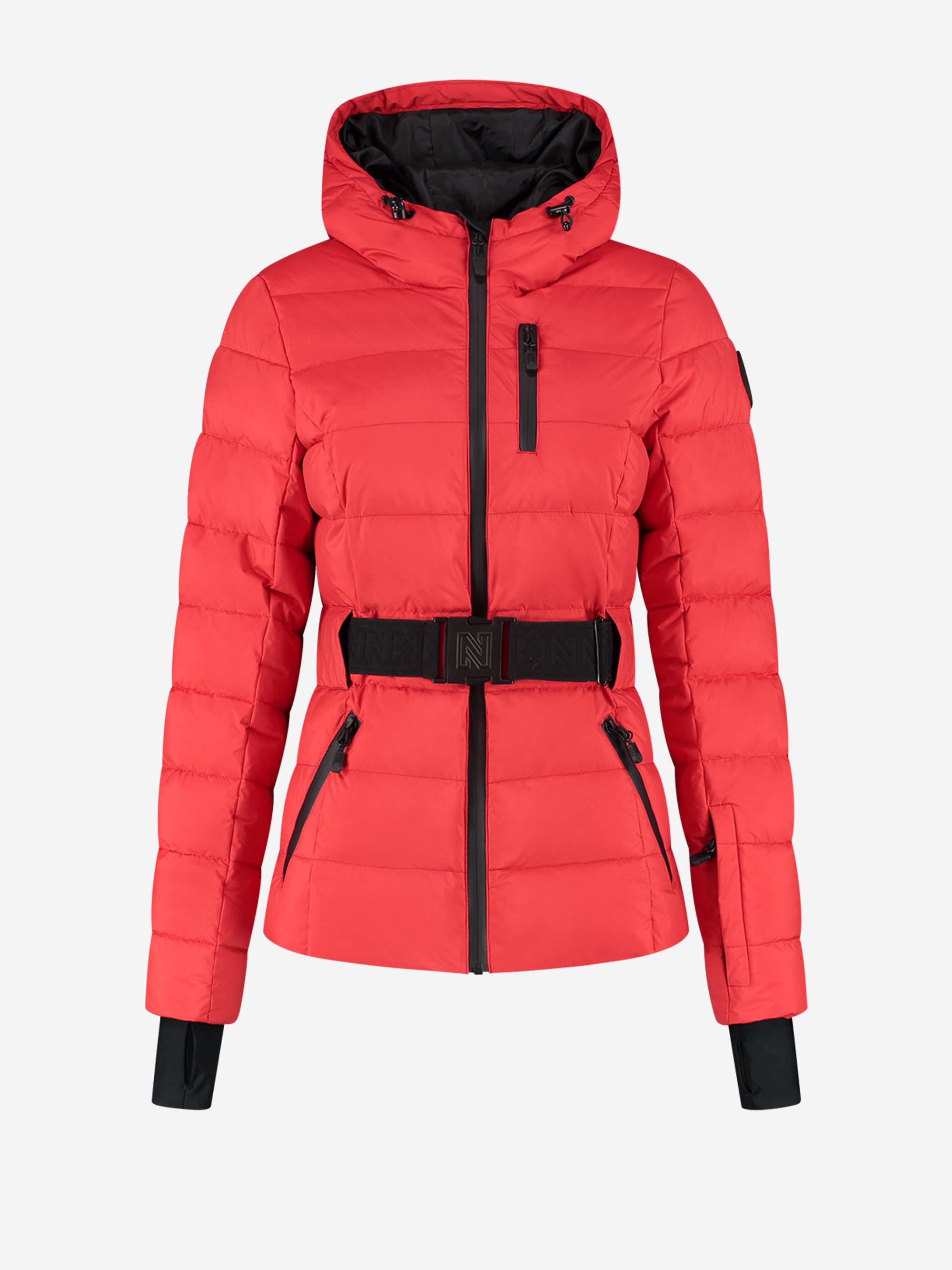 Ski jacket with hood and elastic belt