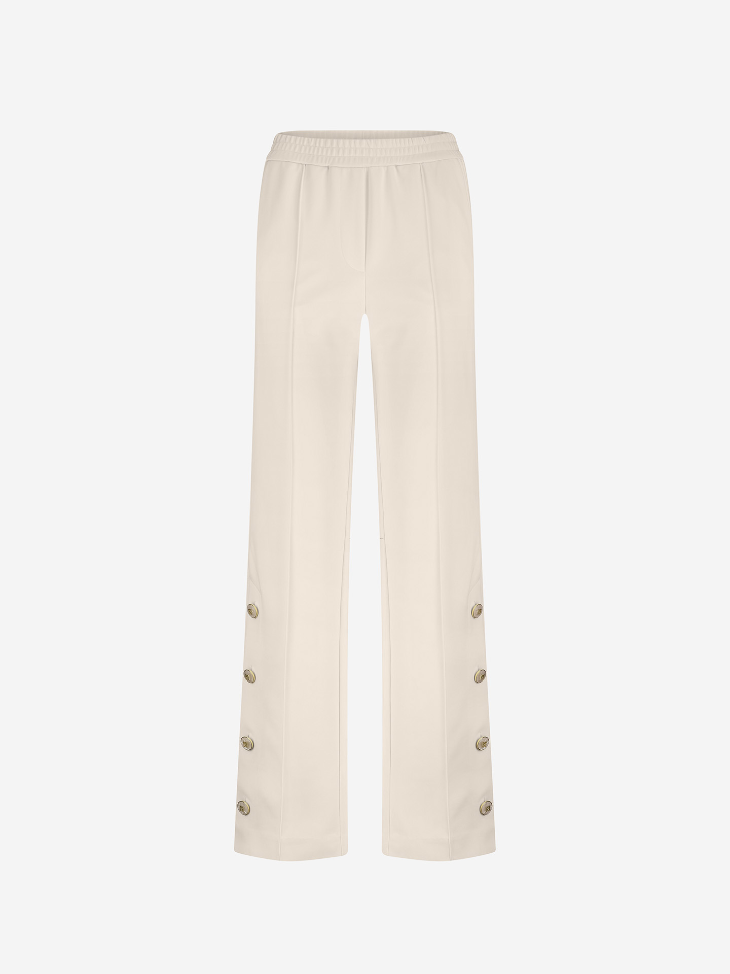 Track pants with mother-of-pearl buttons