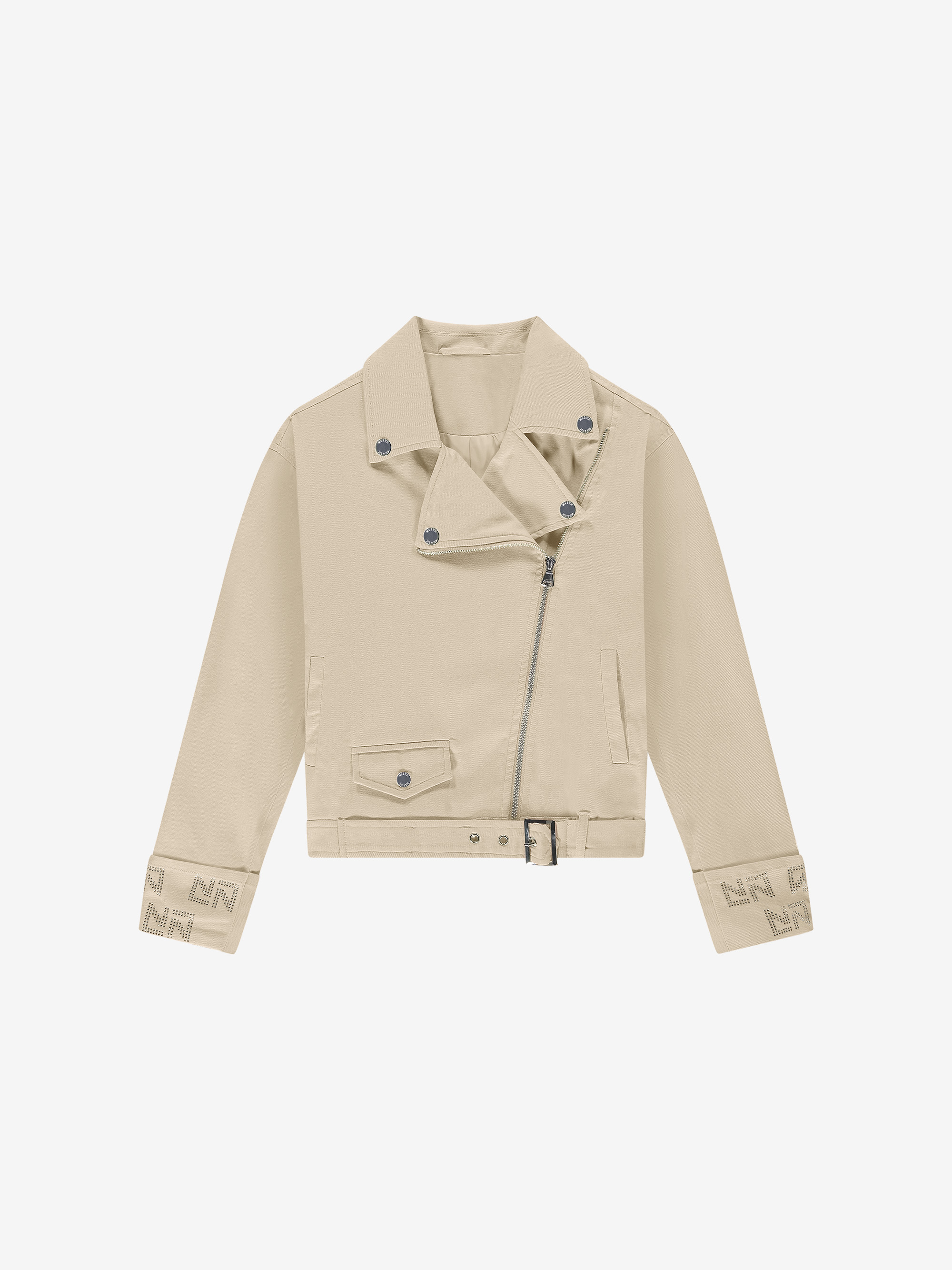 Denim biker jacket with rhinestone logos
