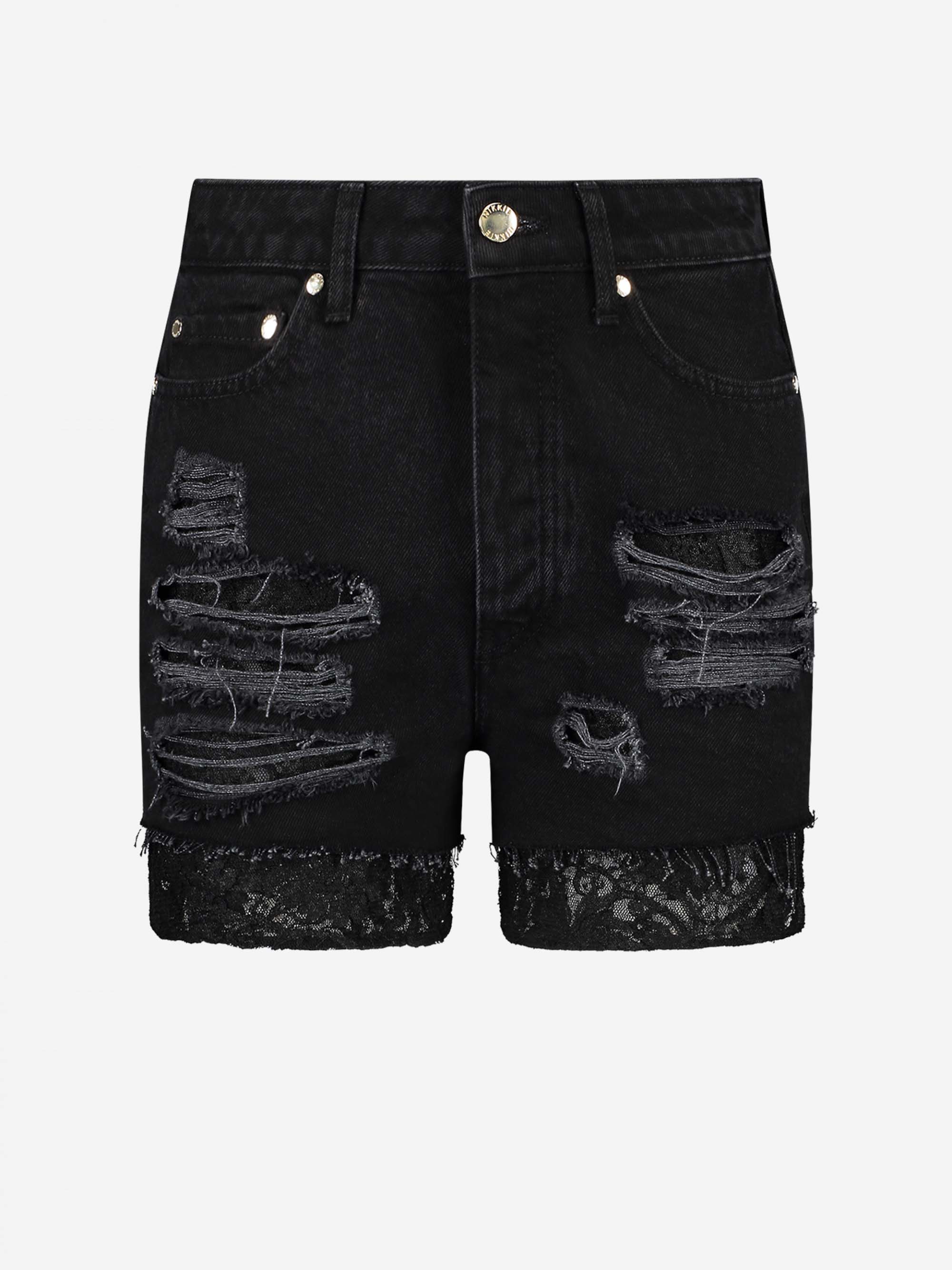 destroyed denim shorts with lace pockets 