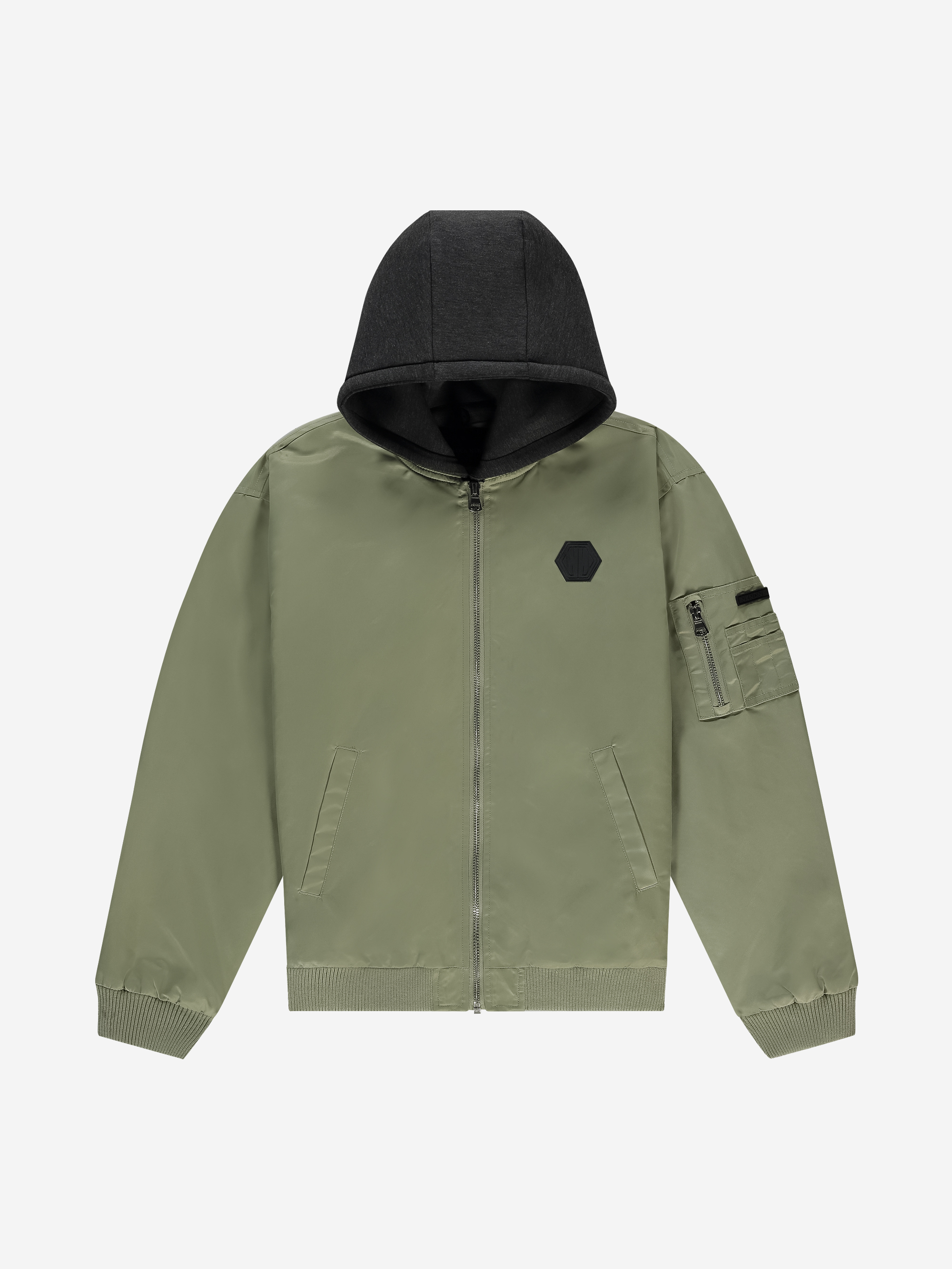 Bomber jacket with hood and logo patch