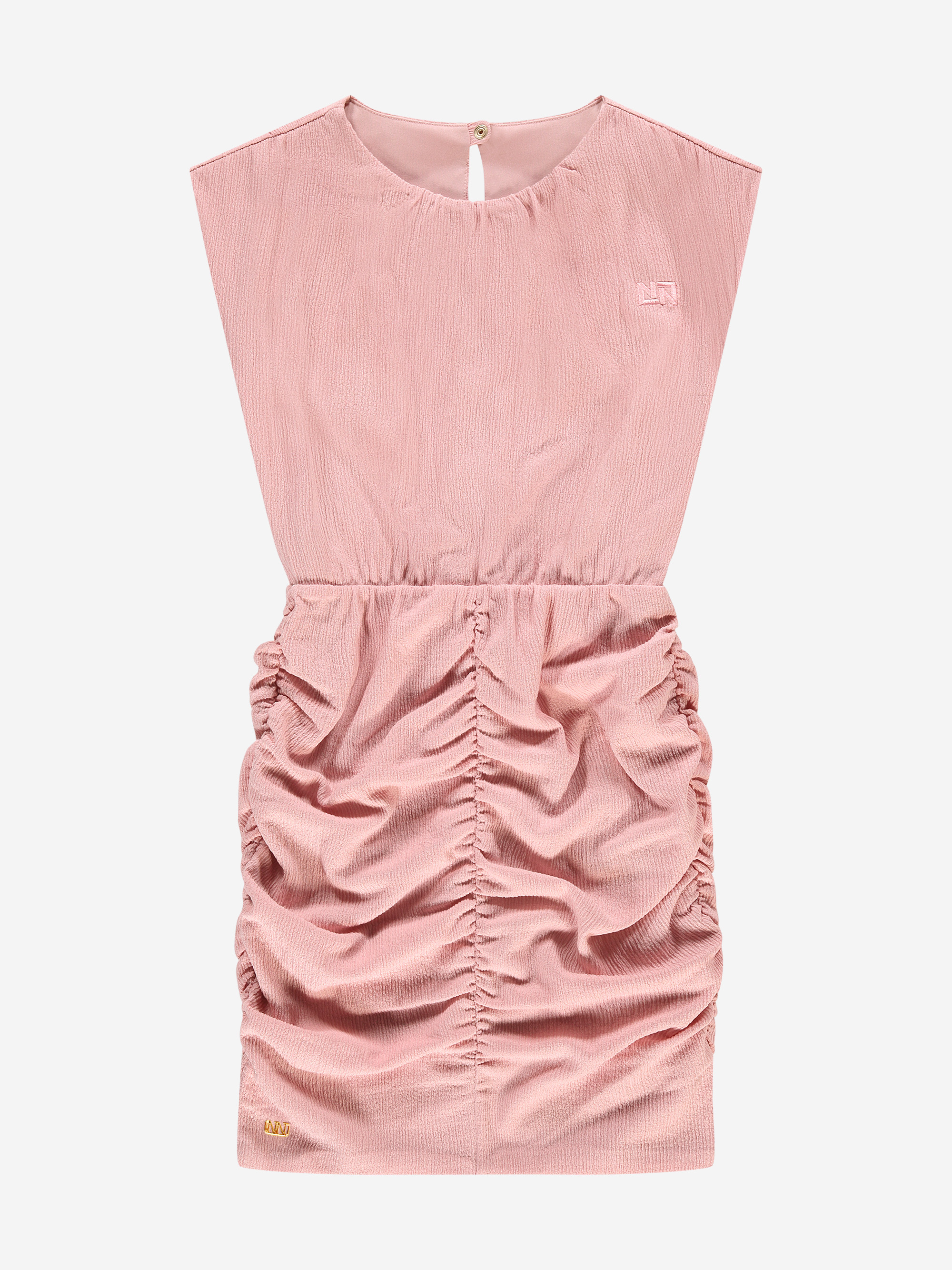 Draped dress with cap sleeves and elastic waistband