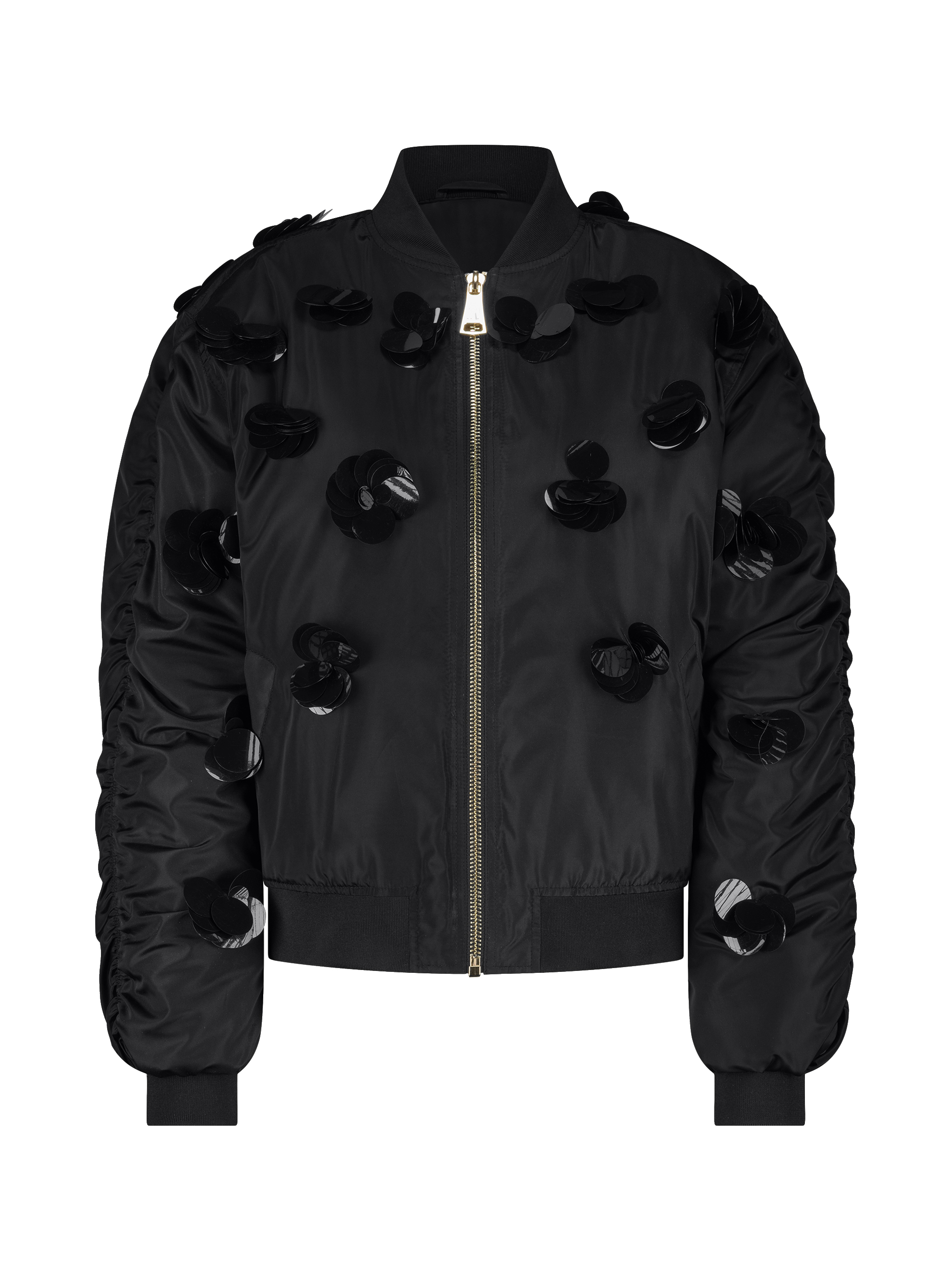 Oversized bomber jack met pailletten en geplooide mouwen