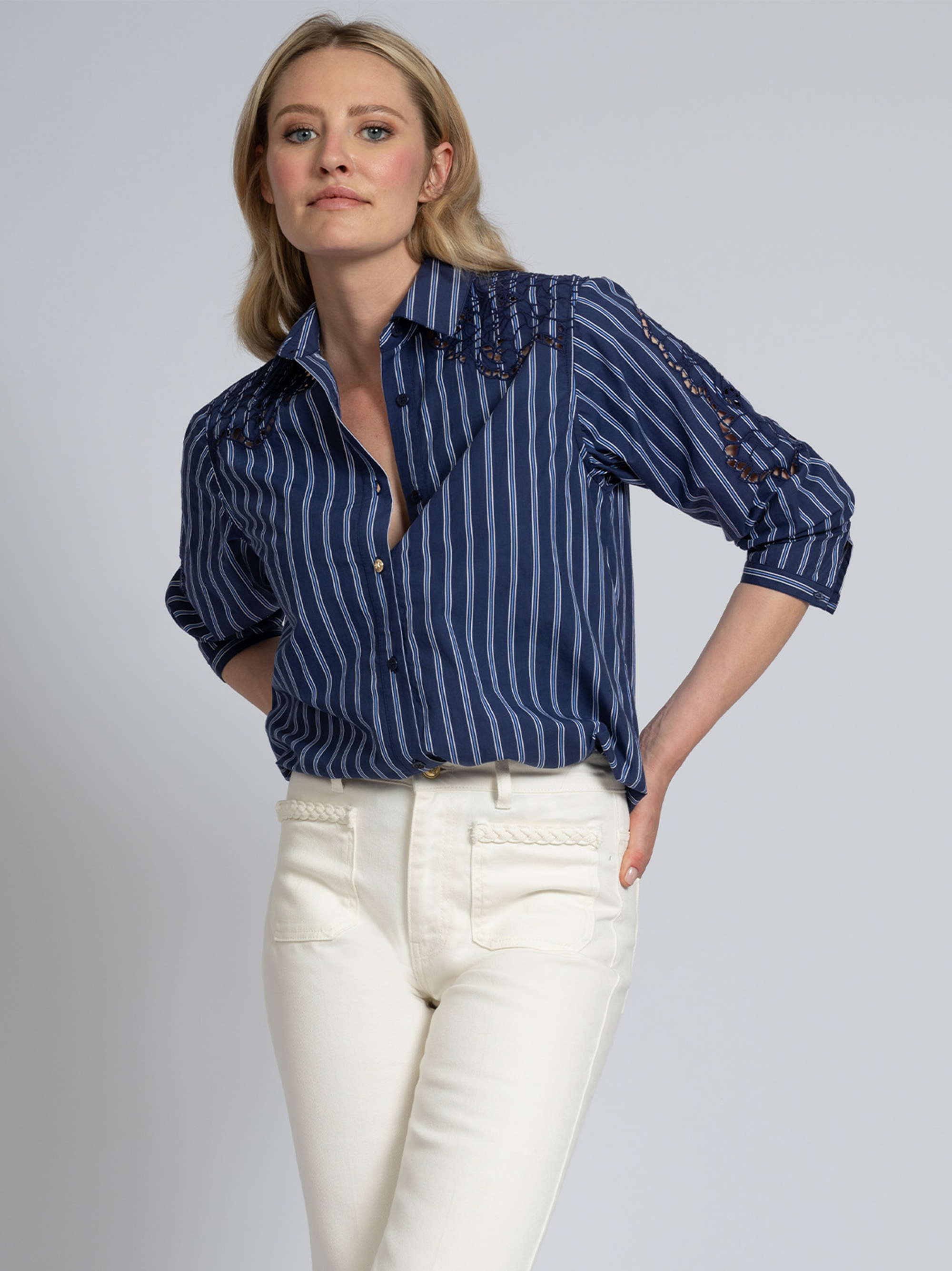 Striped blouse with lace cut-out details