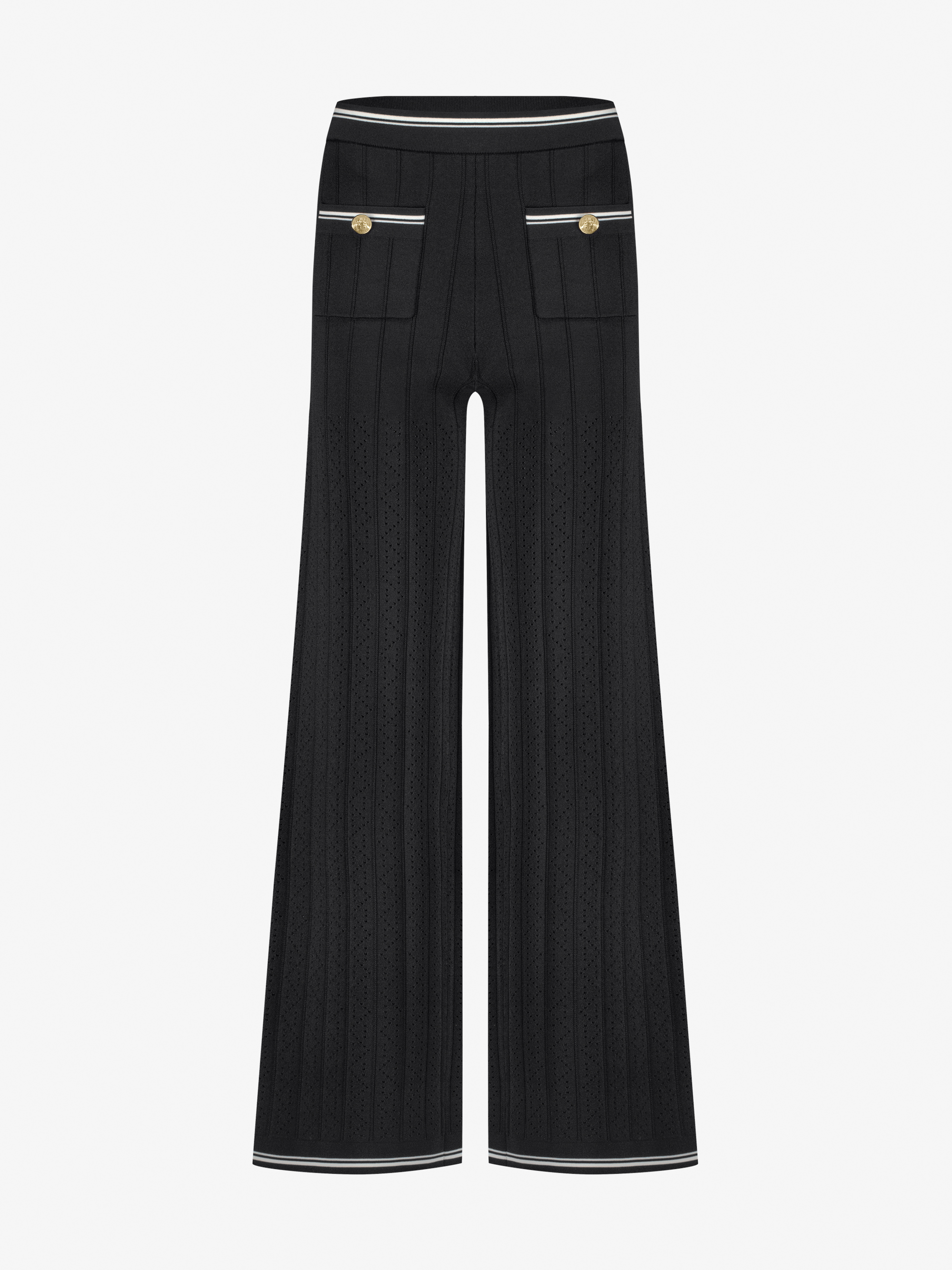 Open-knit pants with white piping 
