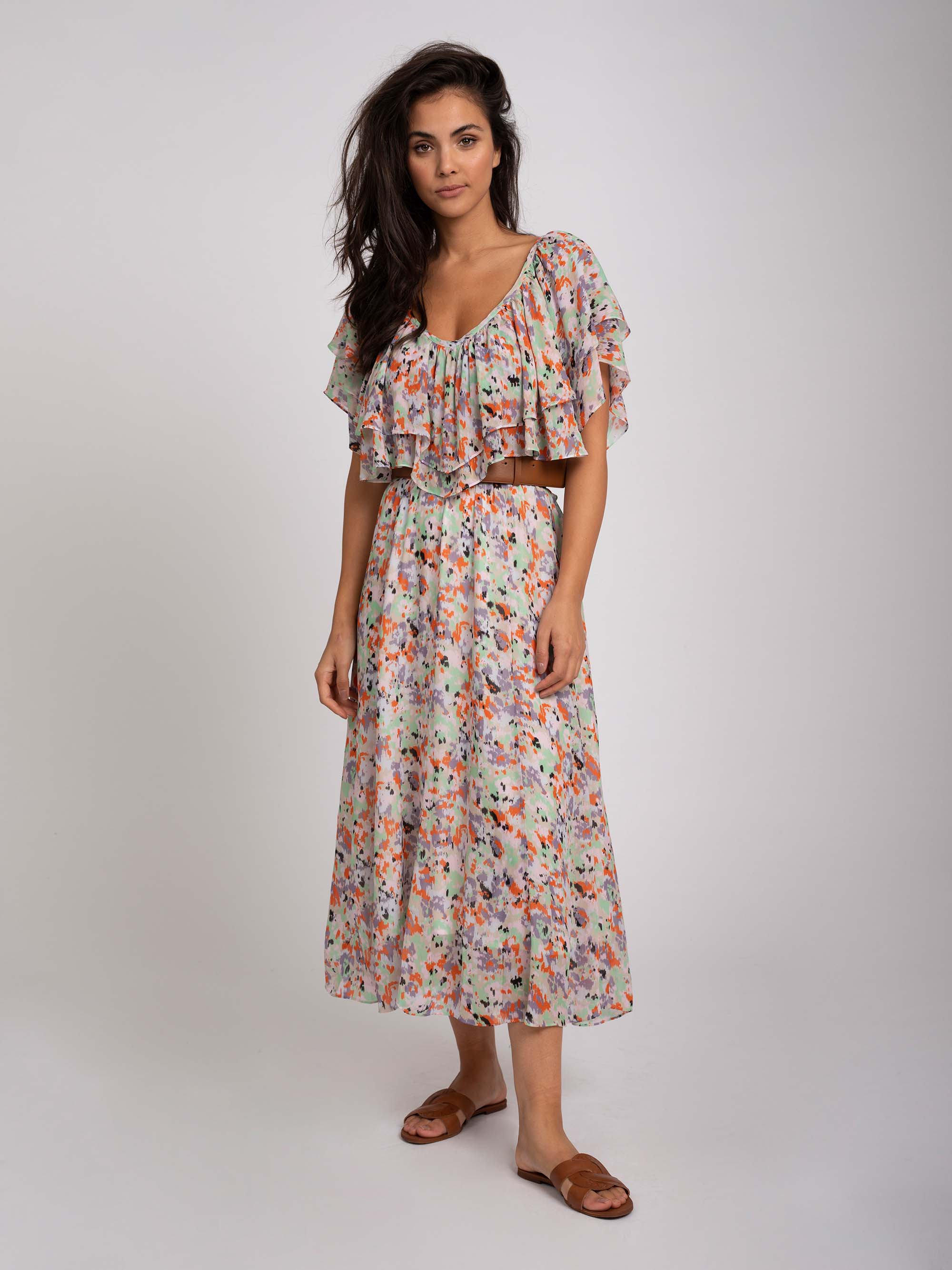  Bloemenprint maxi-jurk met elastische tailleband 