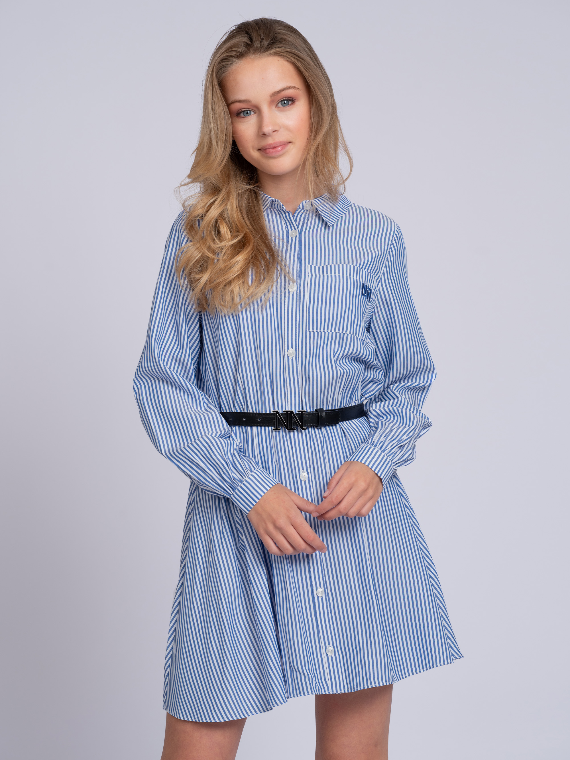 Striped A-line dress with elastic waistband