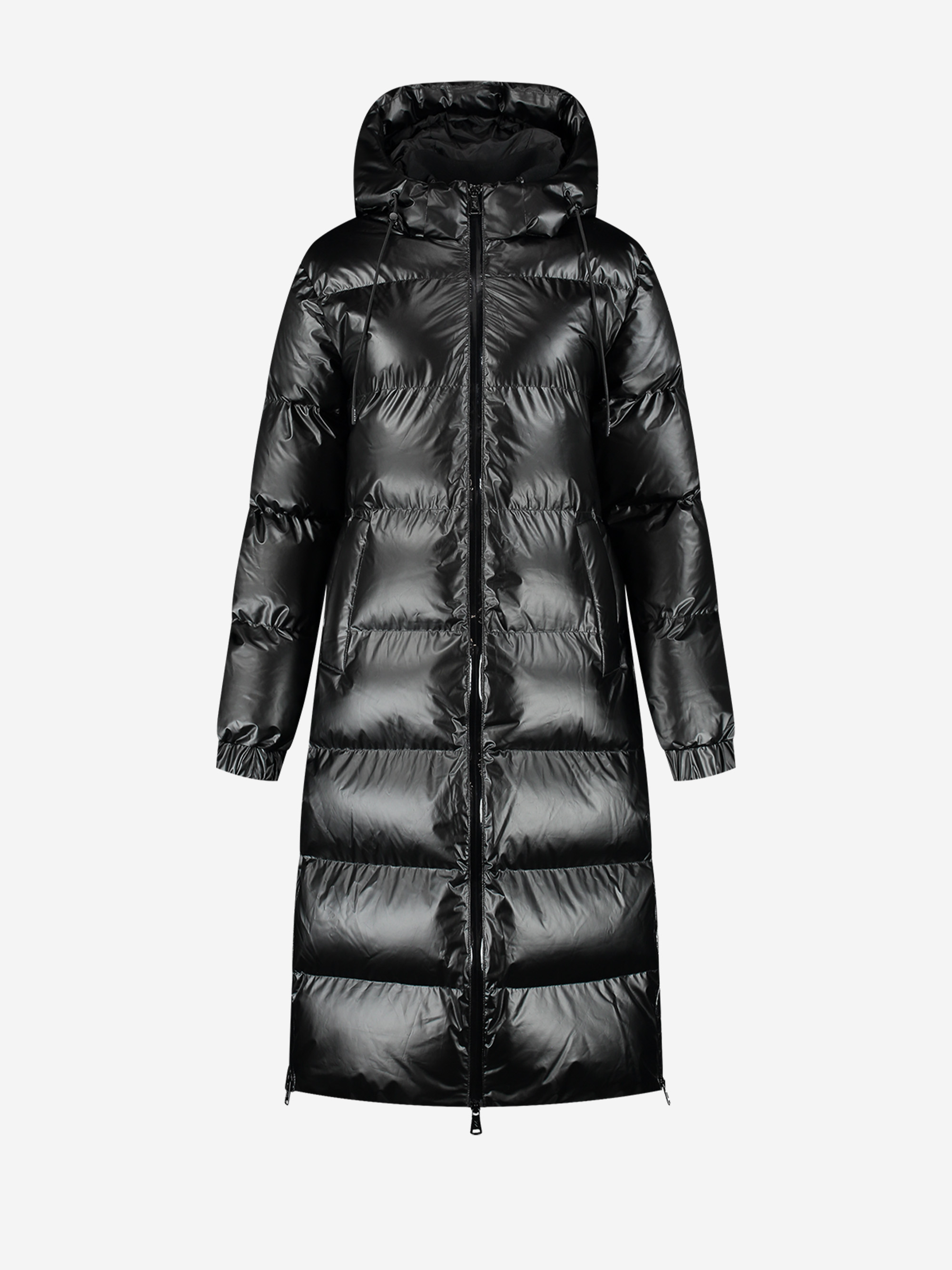 Long puffer jacket with metallic look