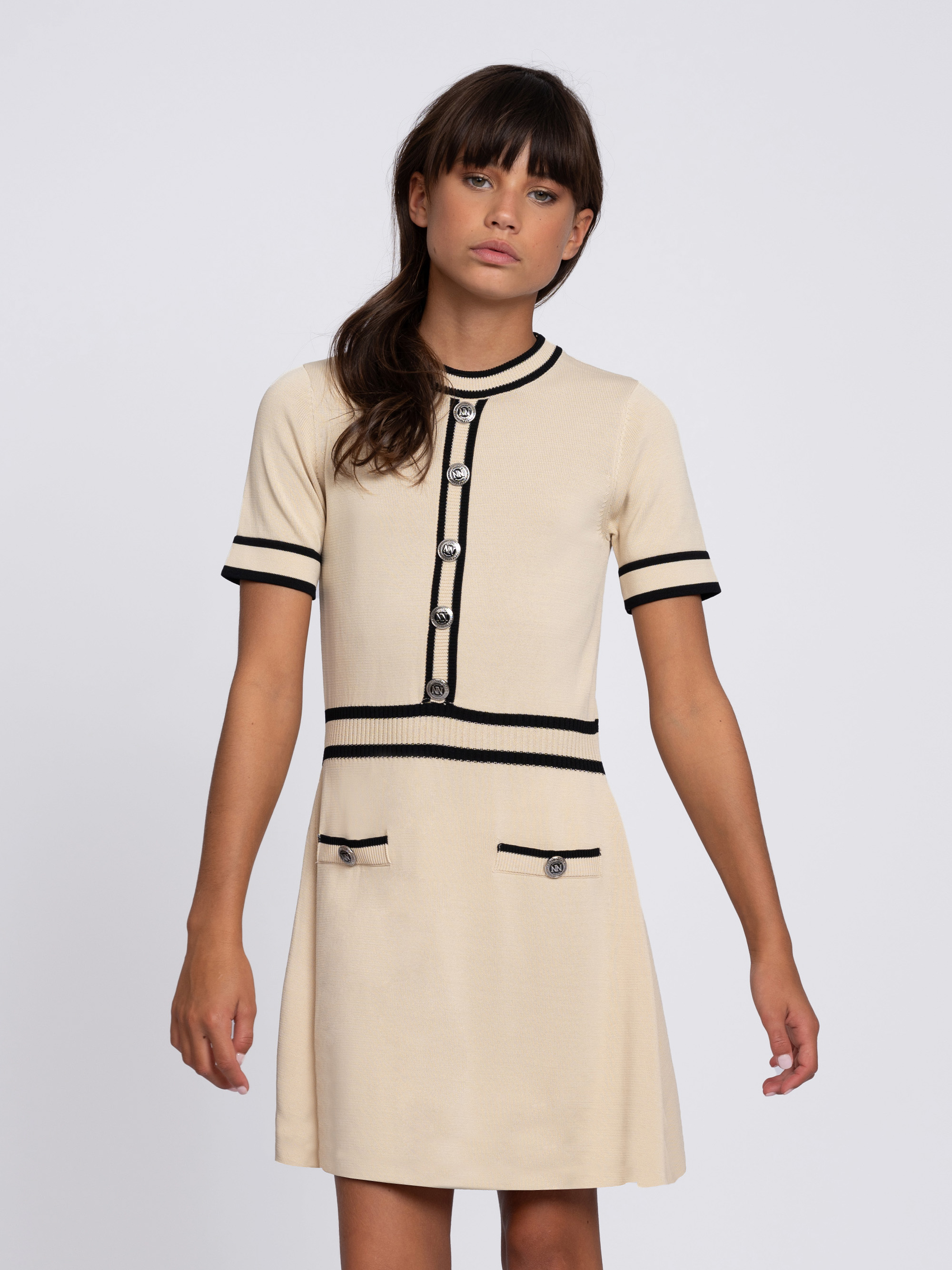A-line dress with black contrasting piping