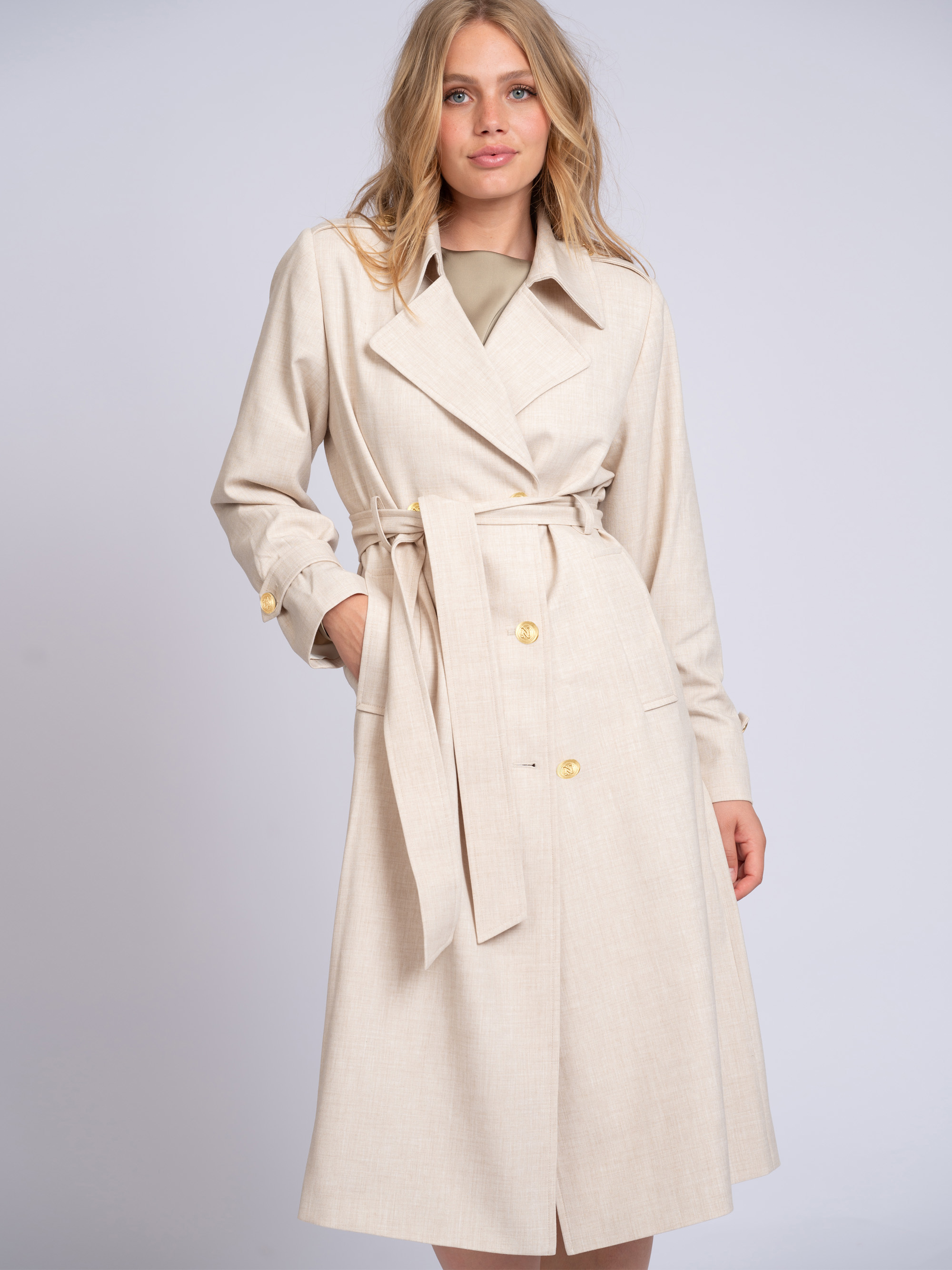 Lange trenchcoat met melange patroon en ceintuur
