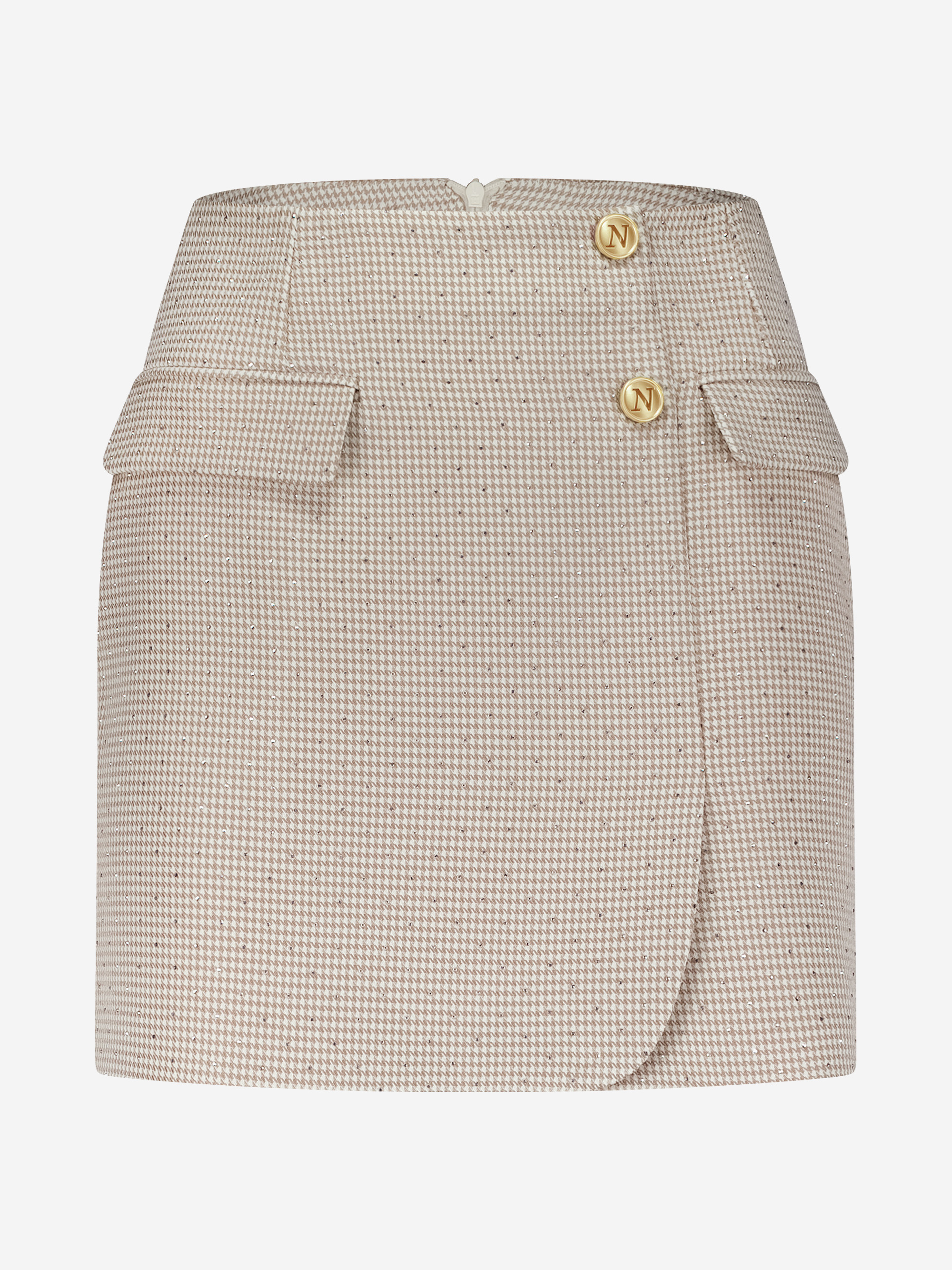 Short skirt with pied-de-poule pattern and rhinestones