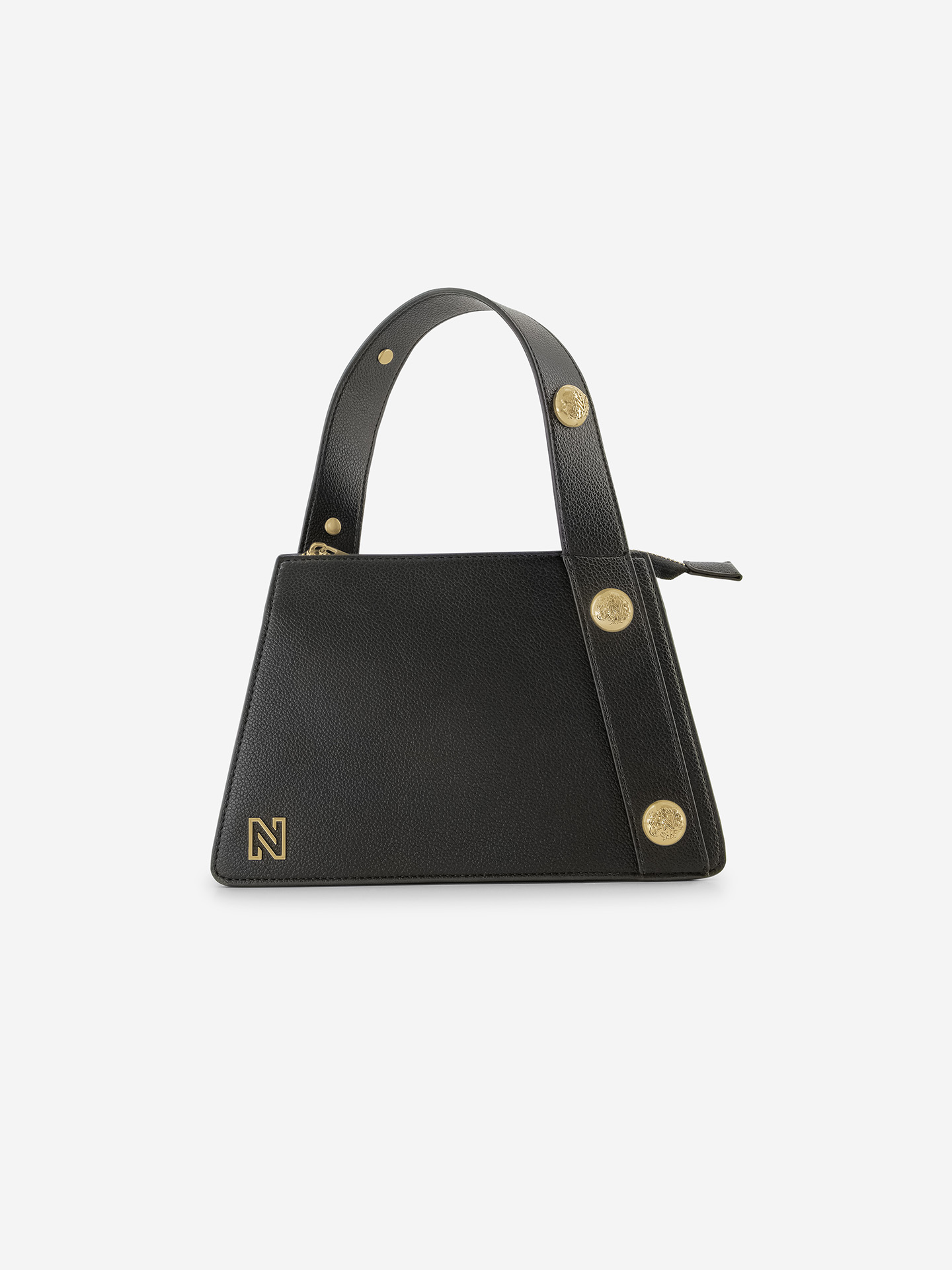Bag with asymmetrical handle and decorative buttons