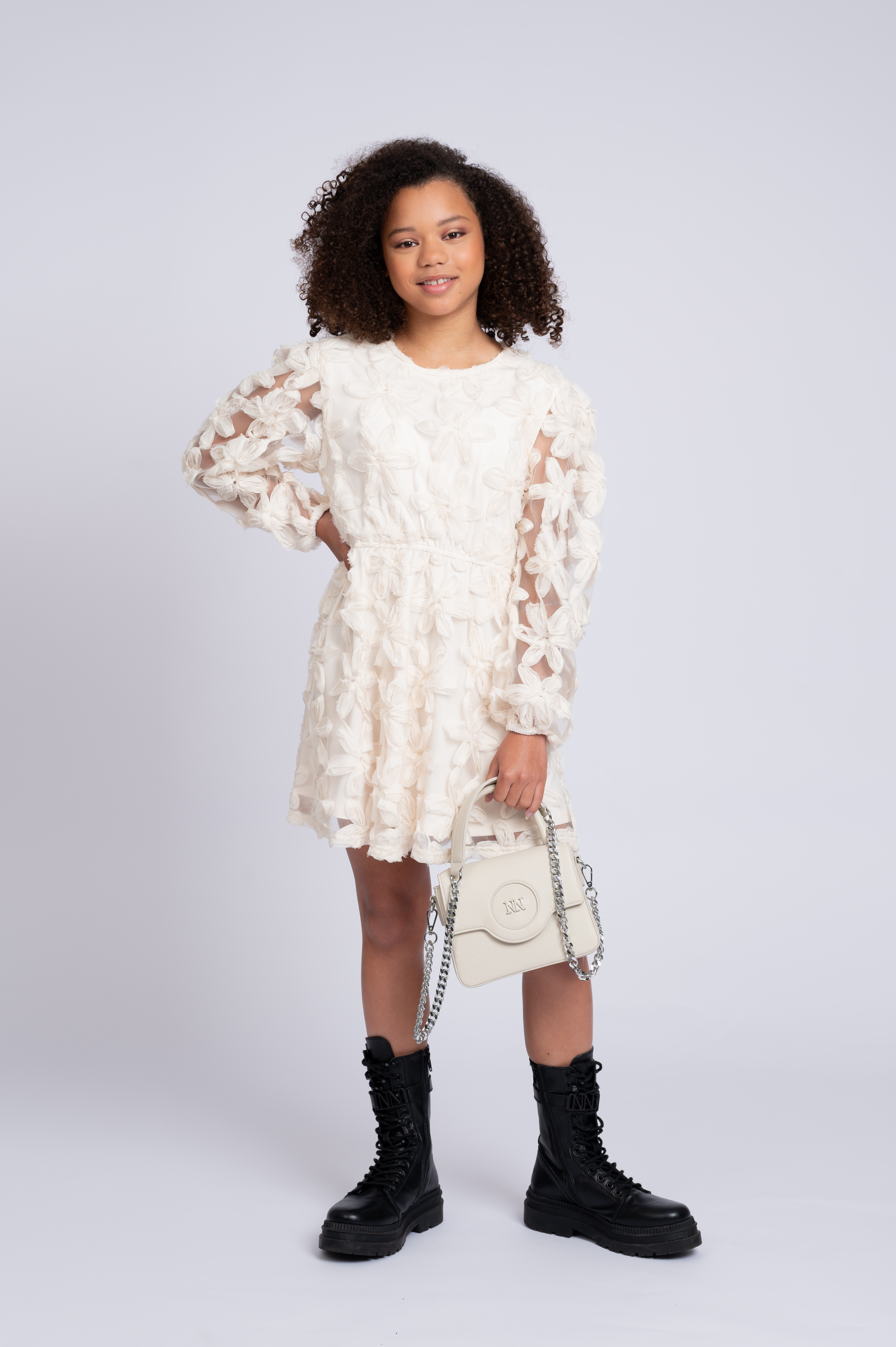 Dress with embroidered flowers and mesh balloon sleeves
