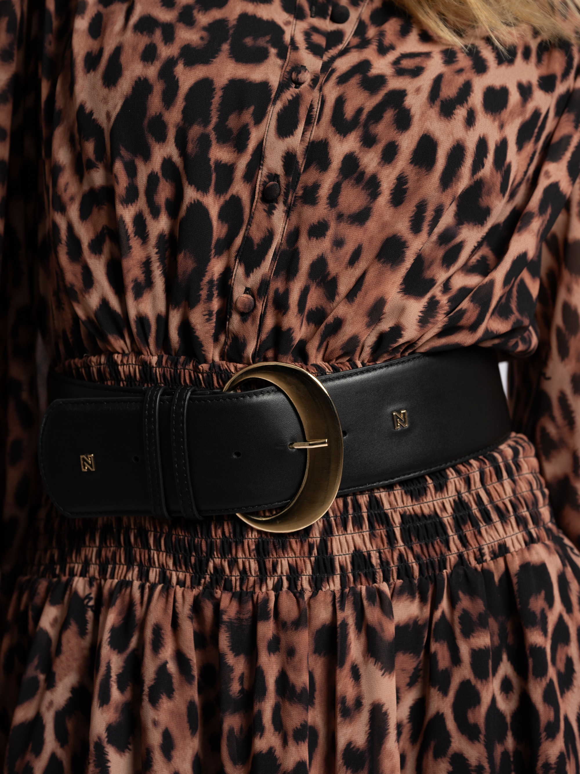 Wide leather belt with buckle
