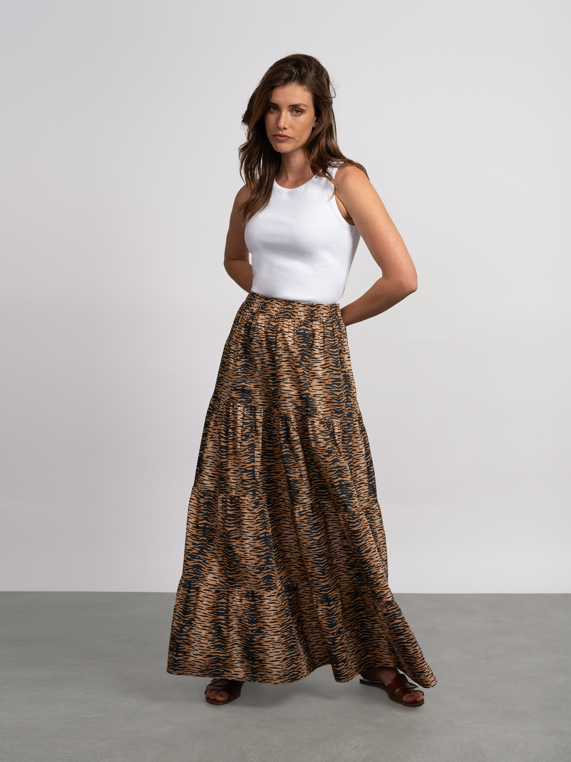 Layered maxi skirt with tiger print