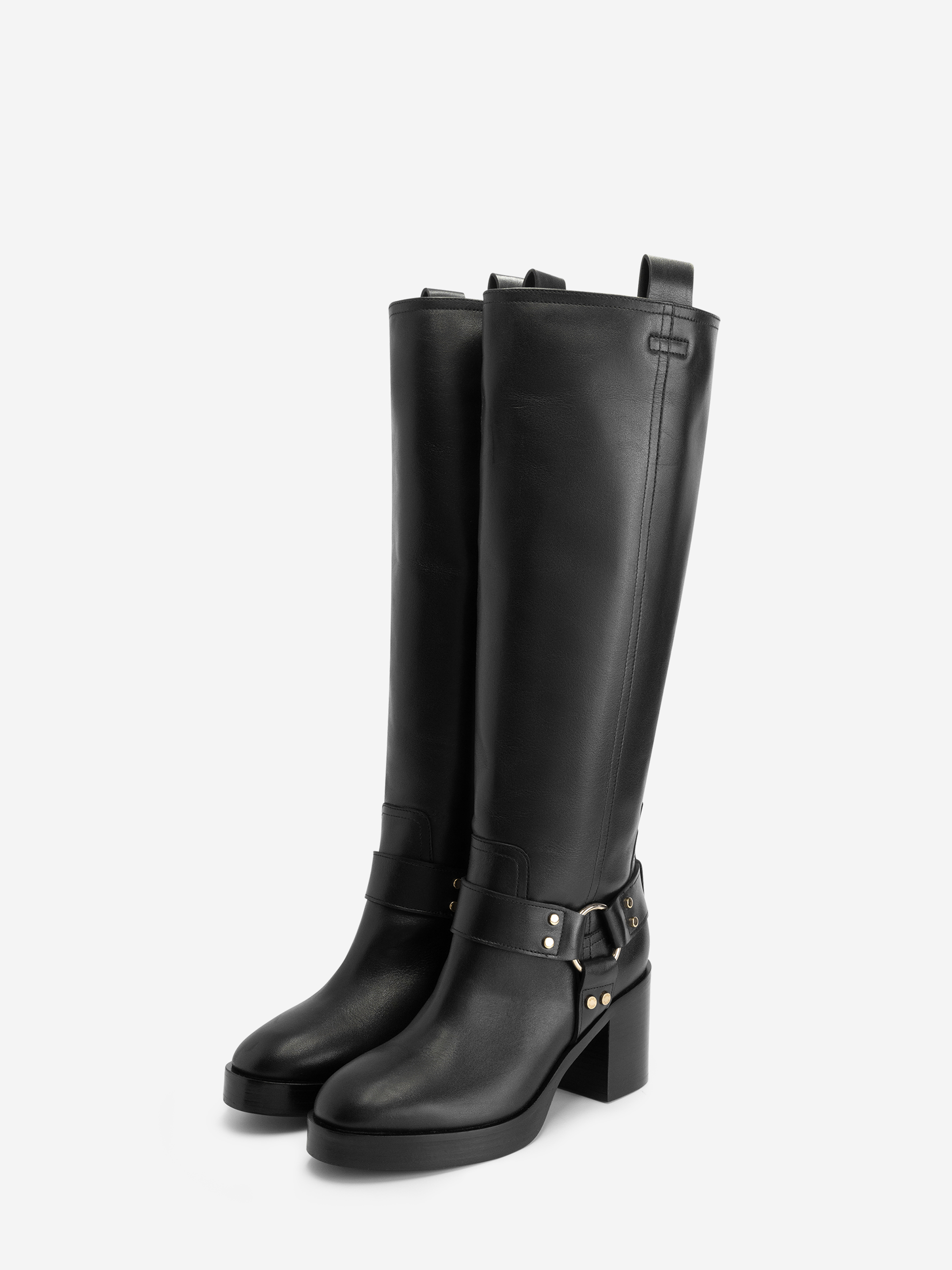 High leather boots with block heel and buckle