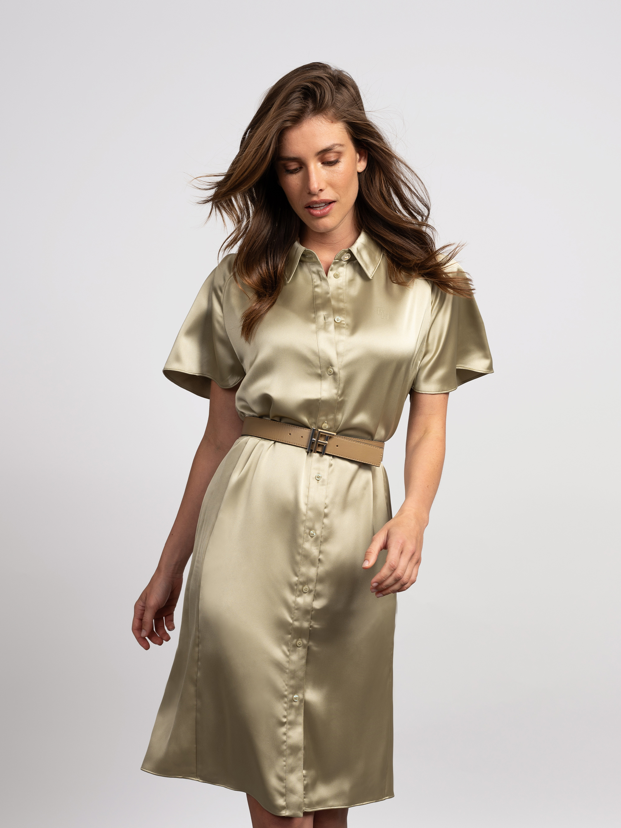 Satin dress with belt