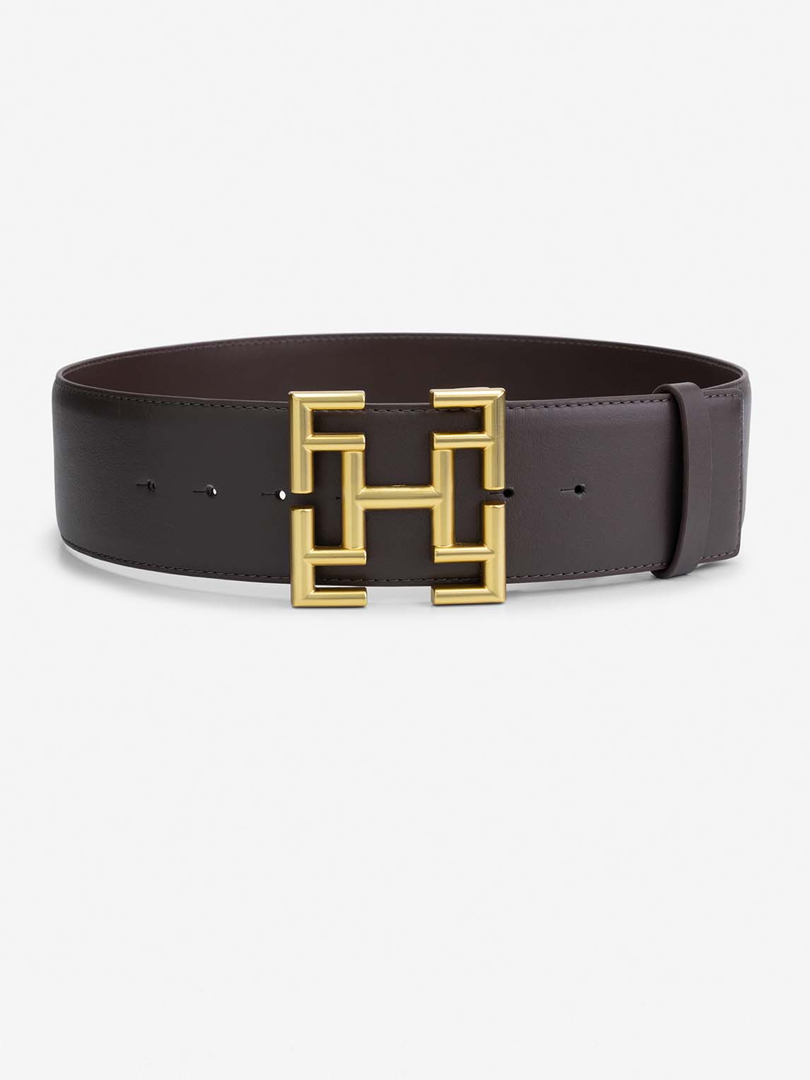 Leather waist belt with logo buckle