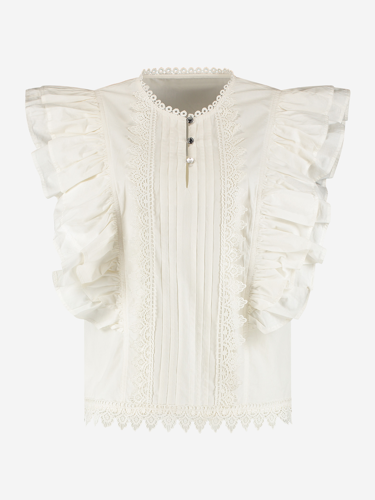 Sleeveless top with flounces and broderie