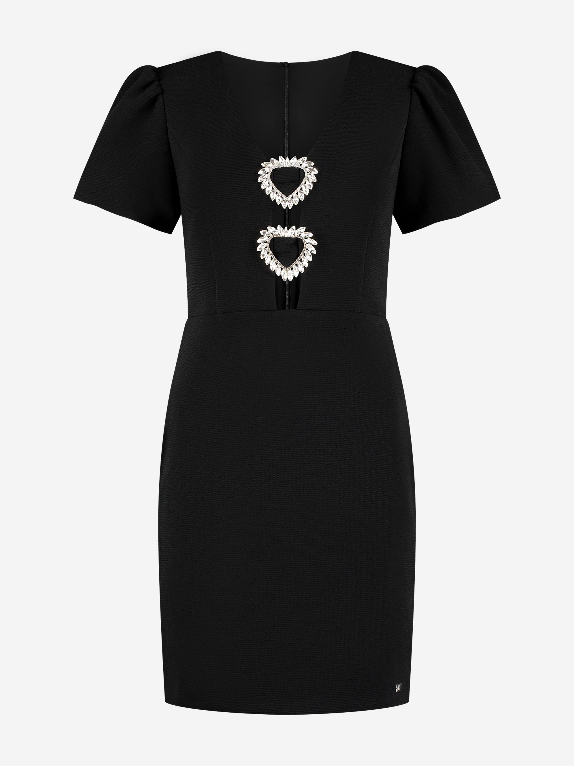 Fitted dress with puff sleeves and rhinestone details