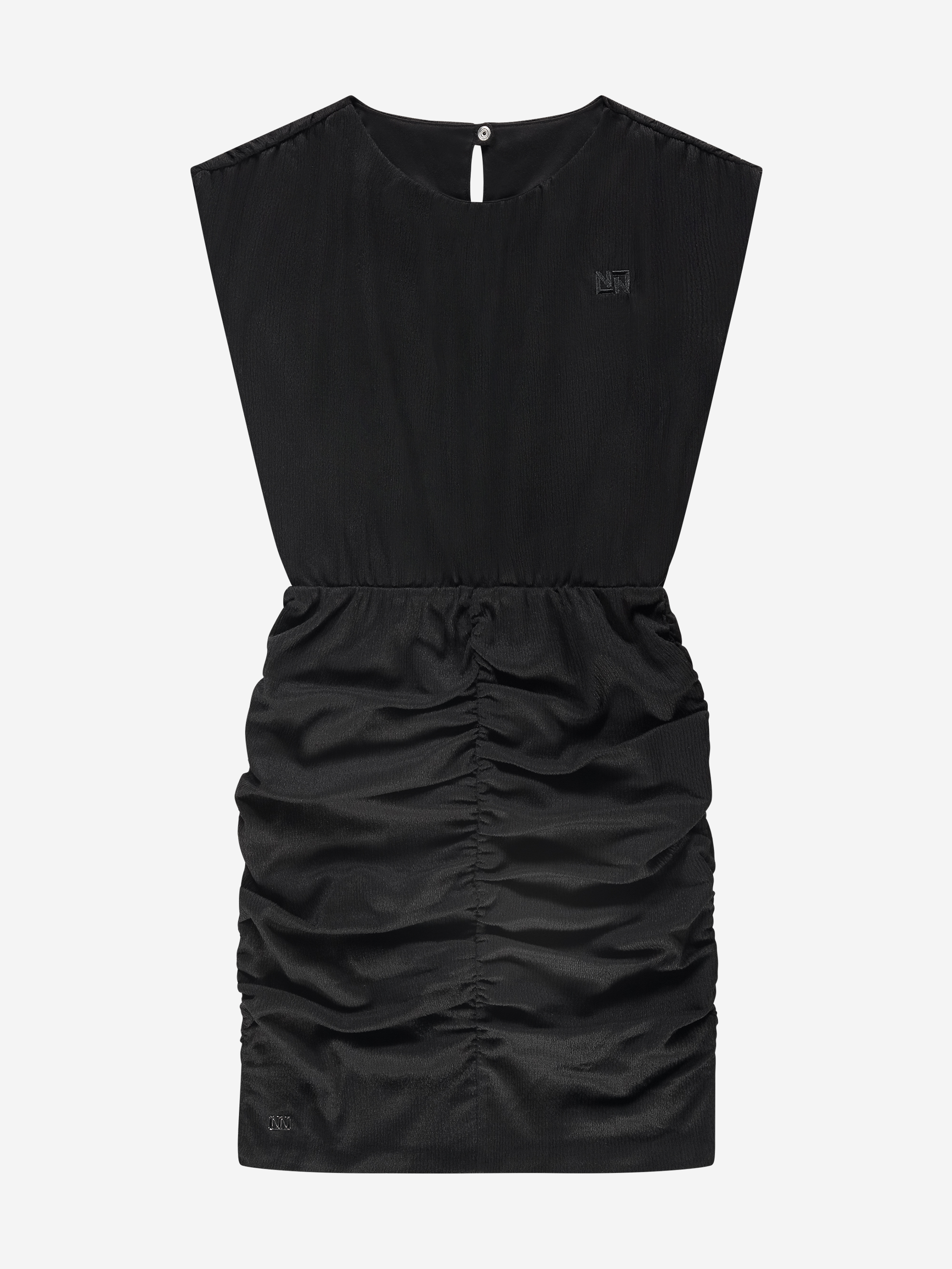 Draped dress with cap sleeves and elastic waistband