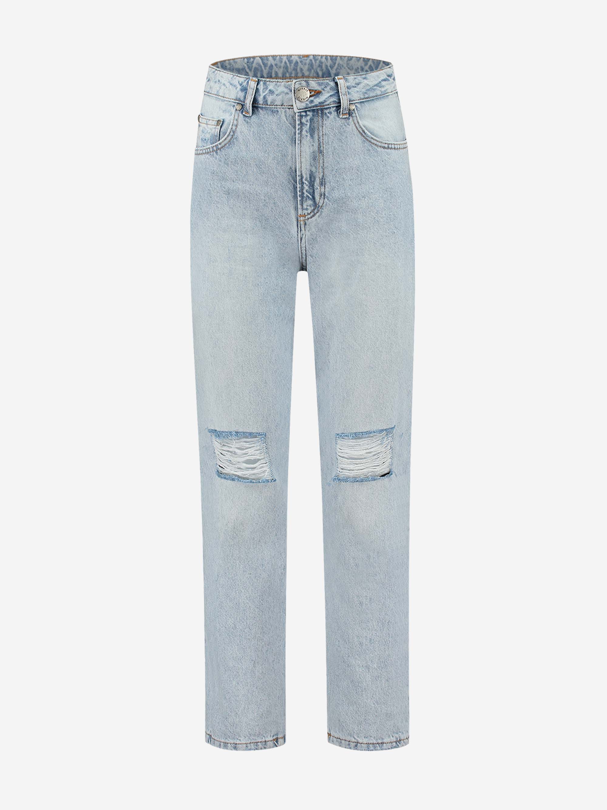 Denim destroyed jeans met hoge taille
