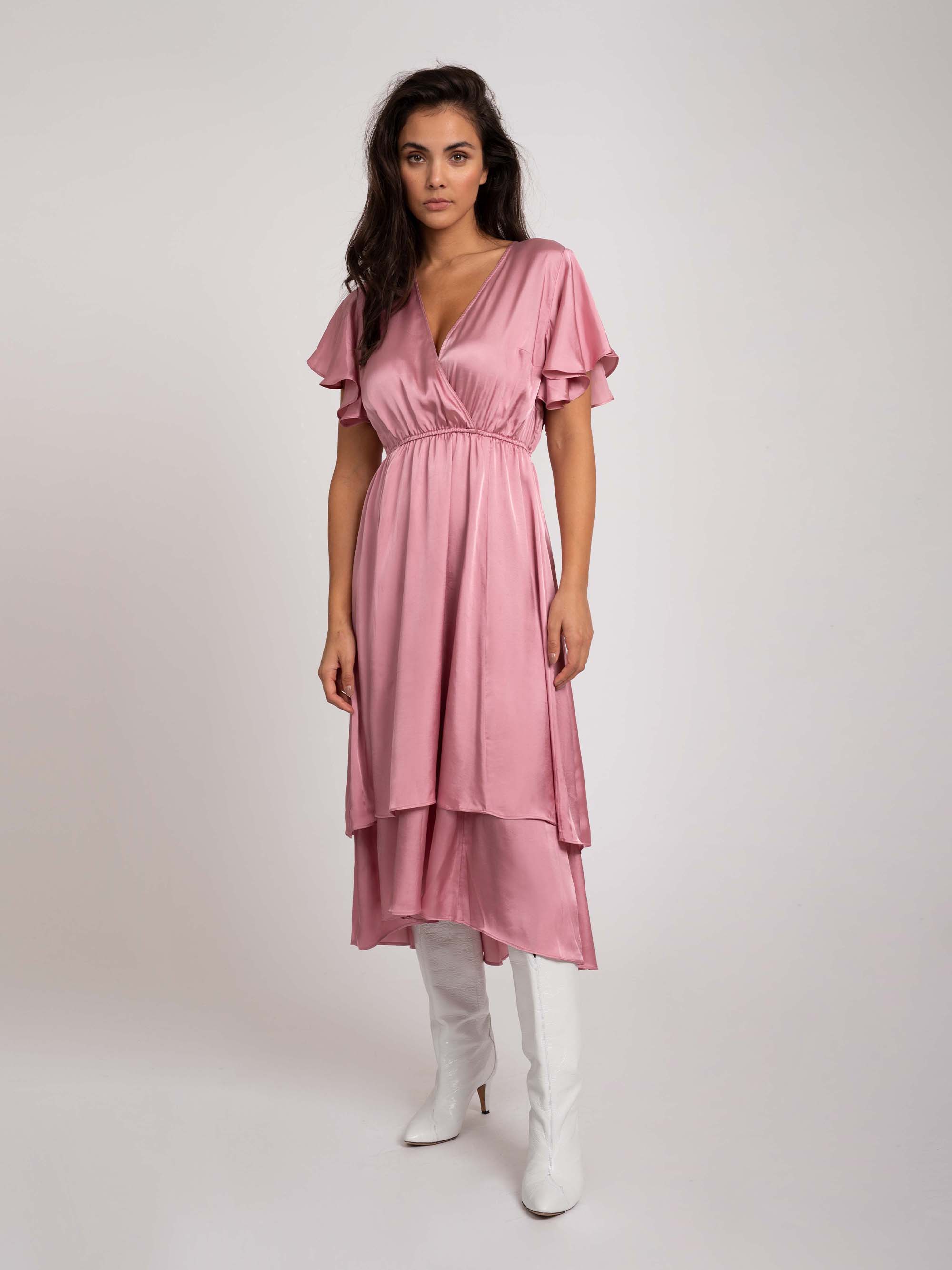 Satin look ruffled maxi dress