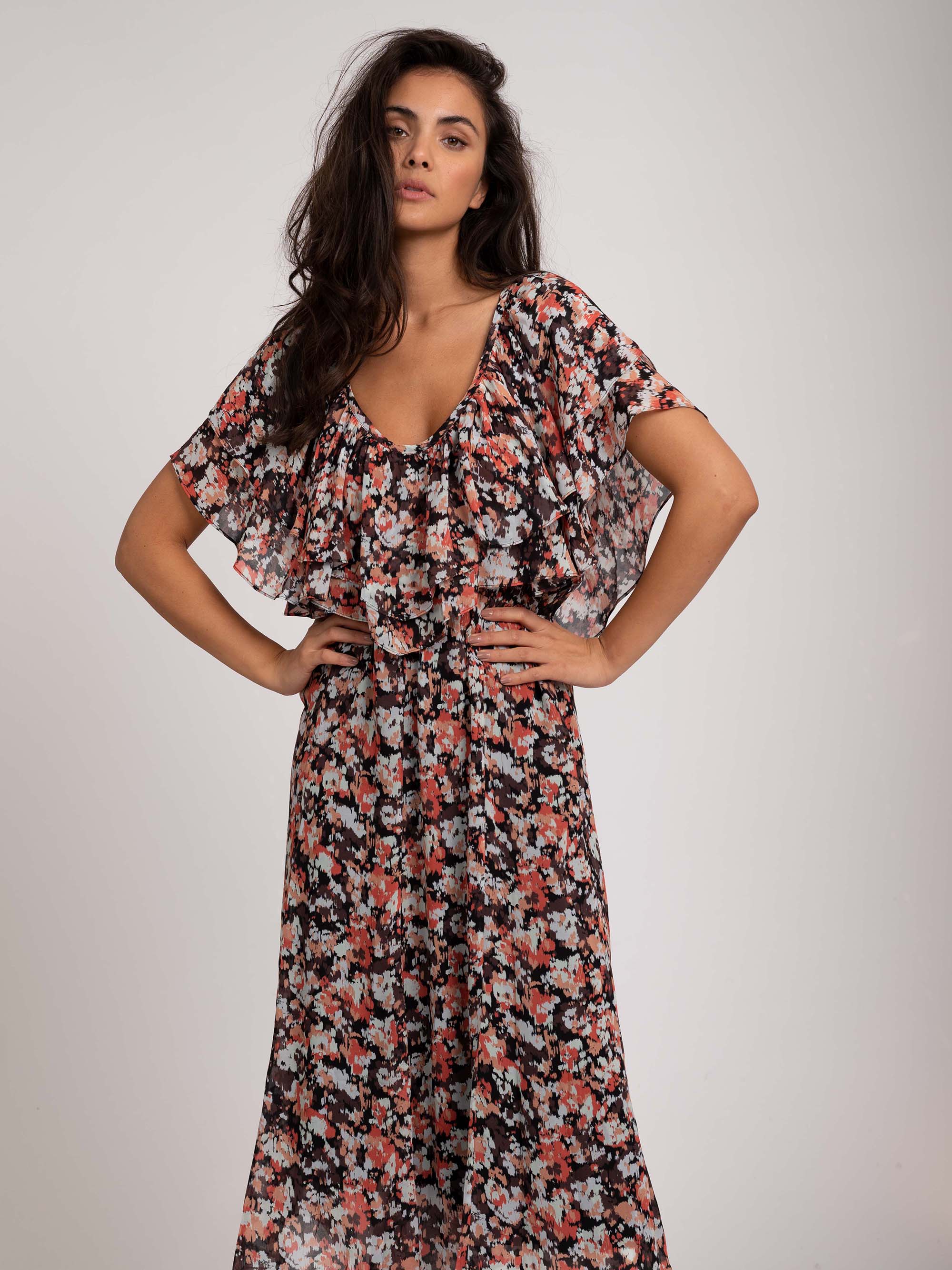 Bloemenprint maxi-jurk met elastische tailleband 