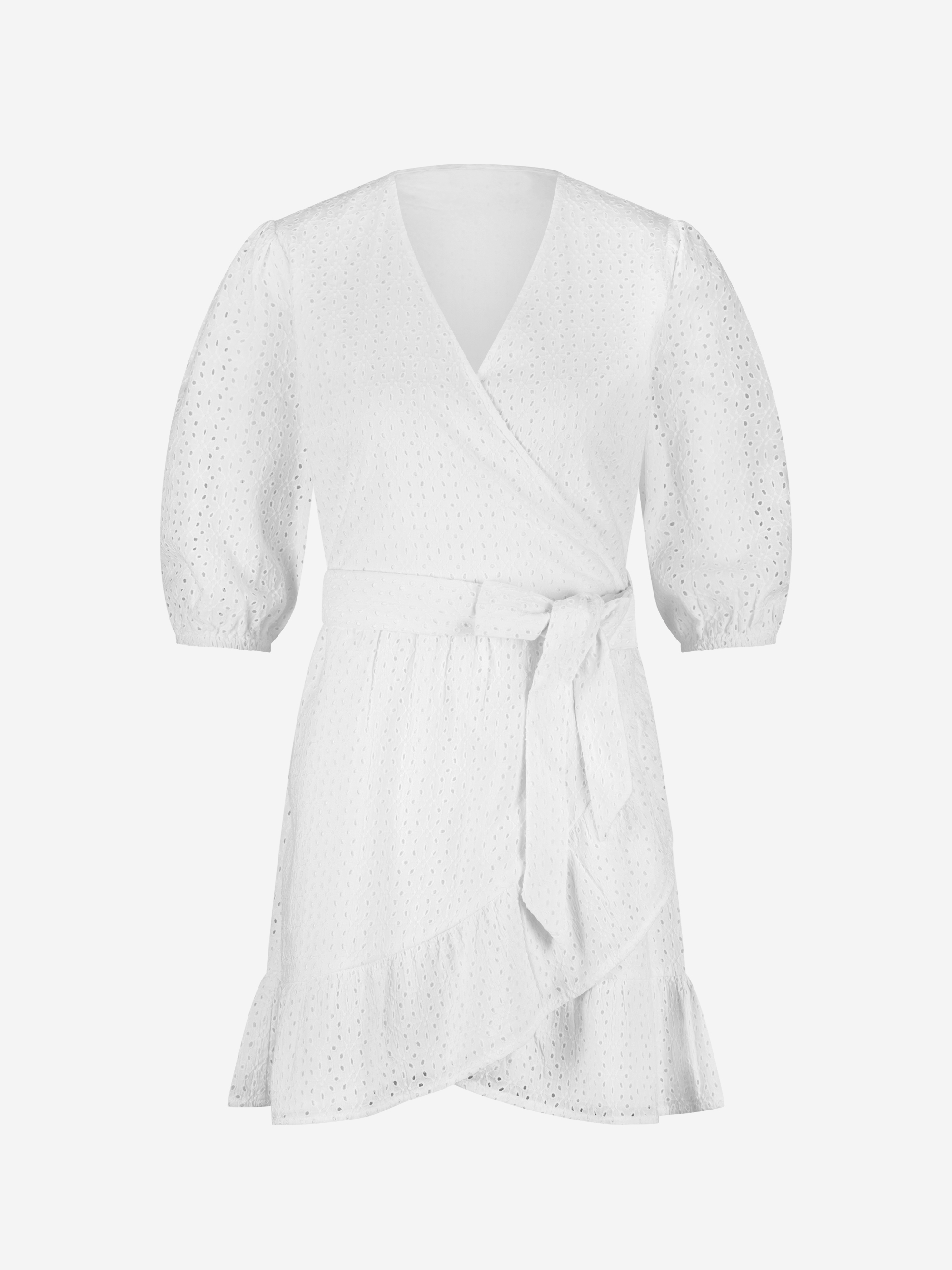 Wrap dress with broderie anglaise and puff sleeves