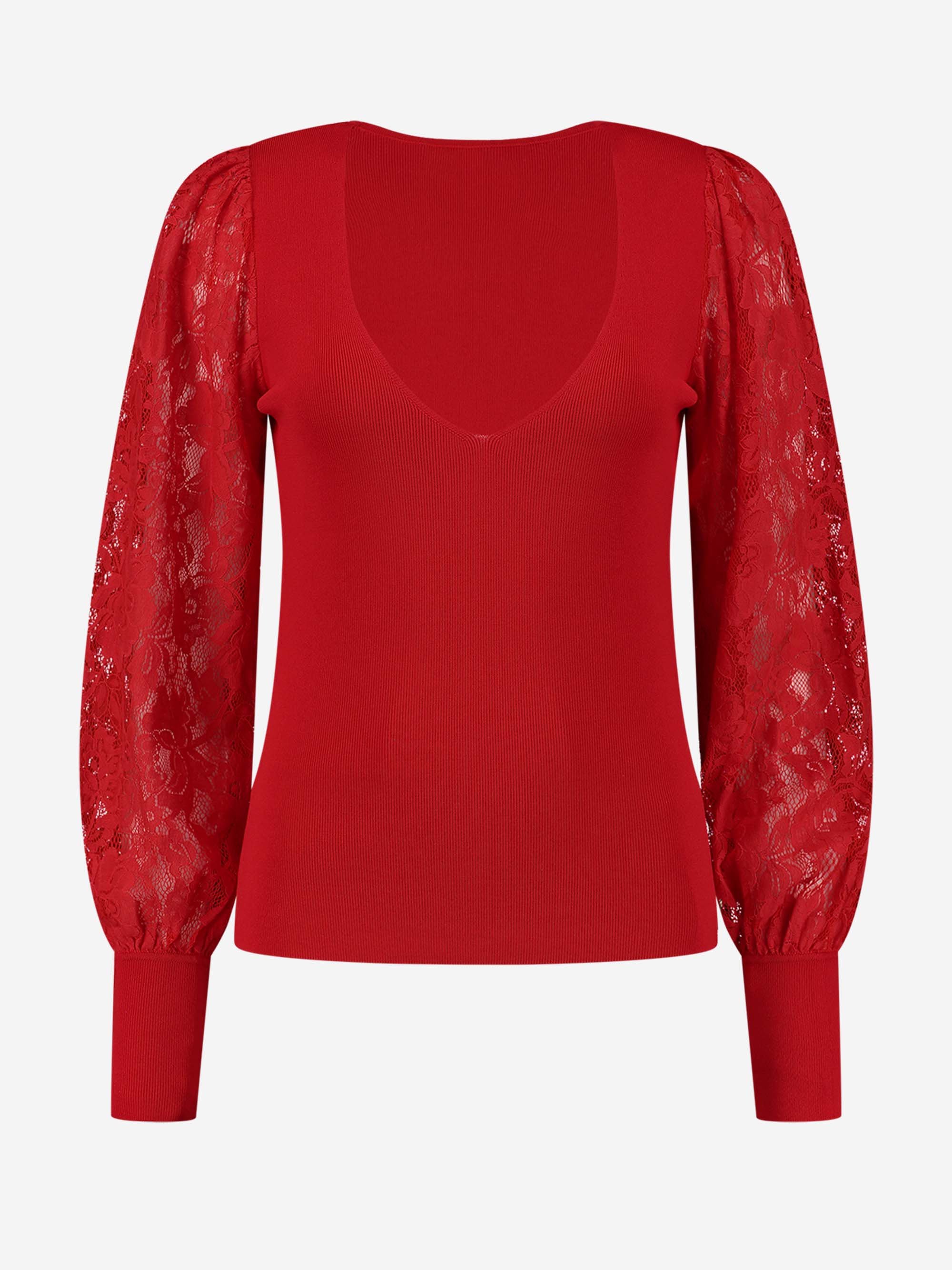 Fitted top met kanten mouwen