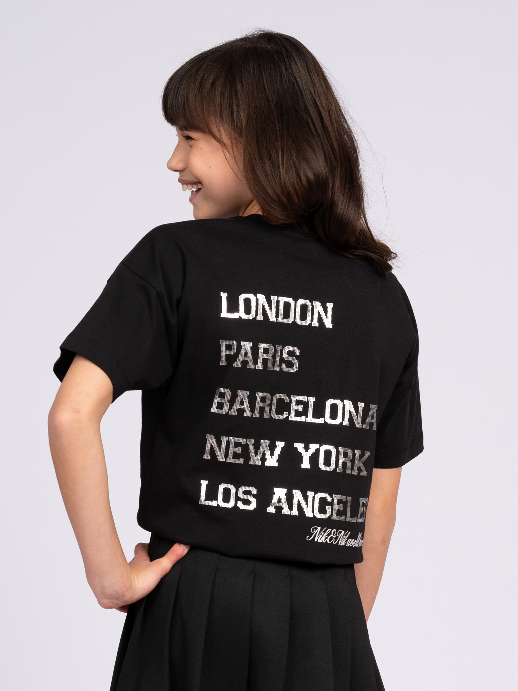 T-shirt with graphic text on the back