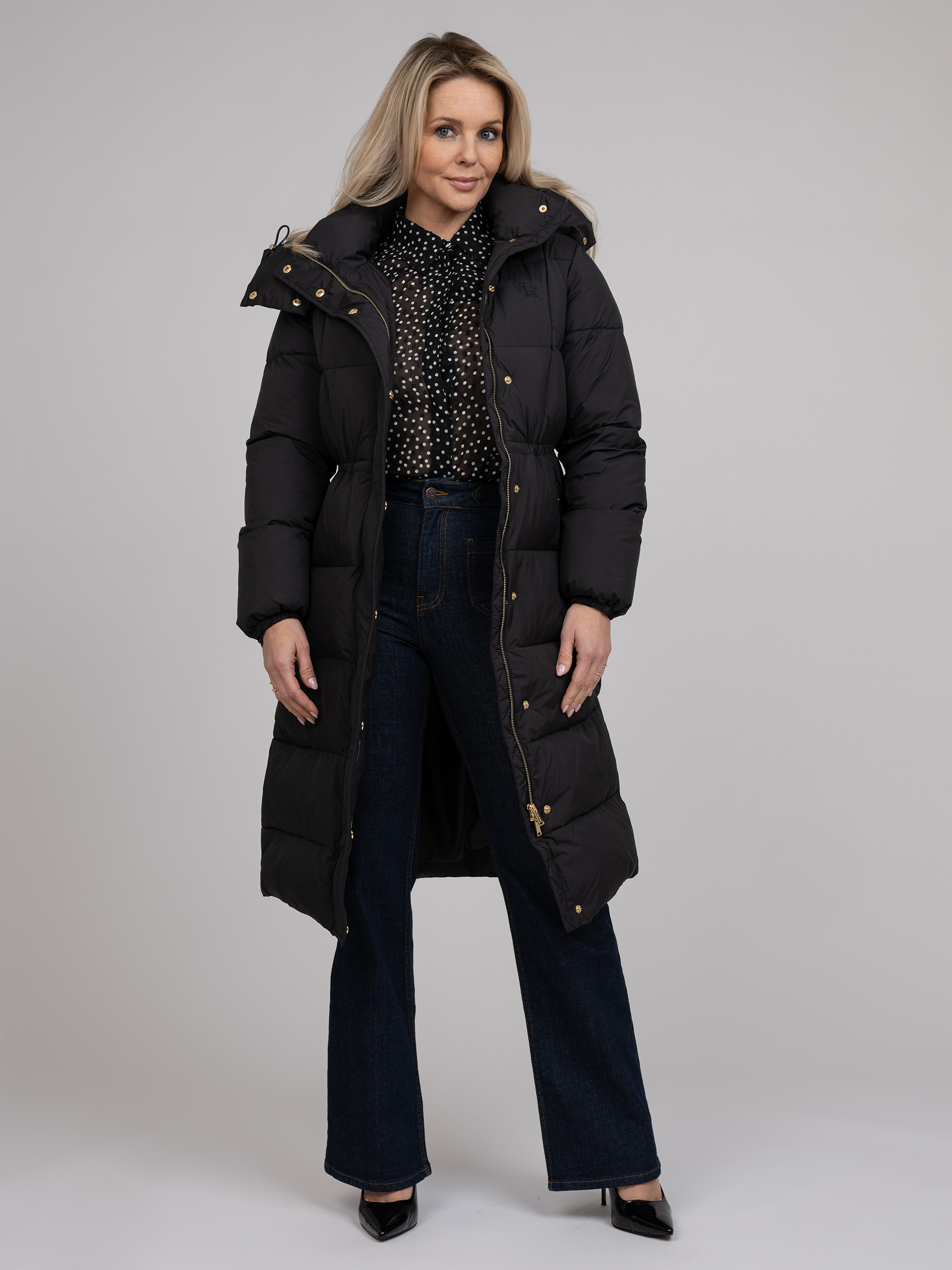 Long puffer coat with hood and tailored waist