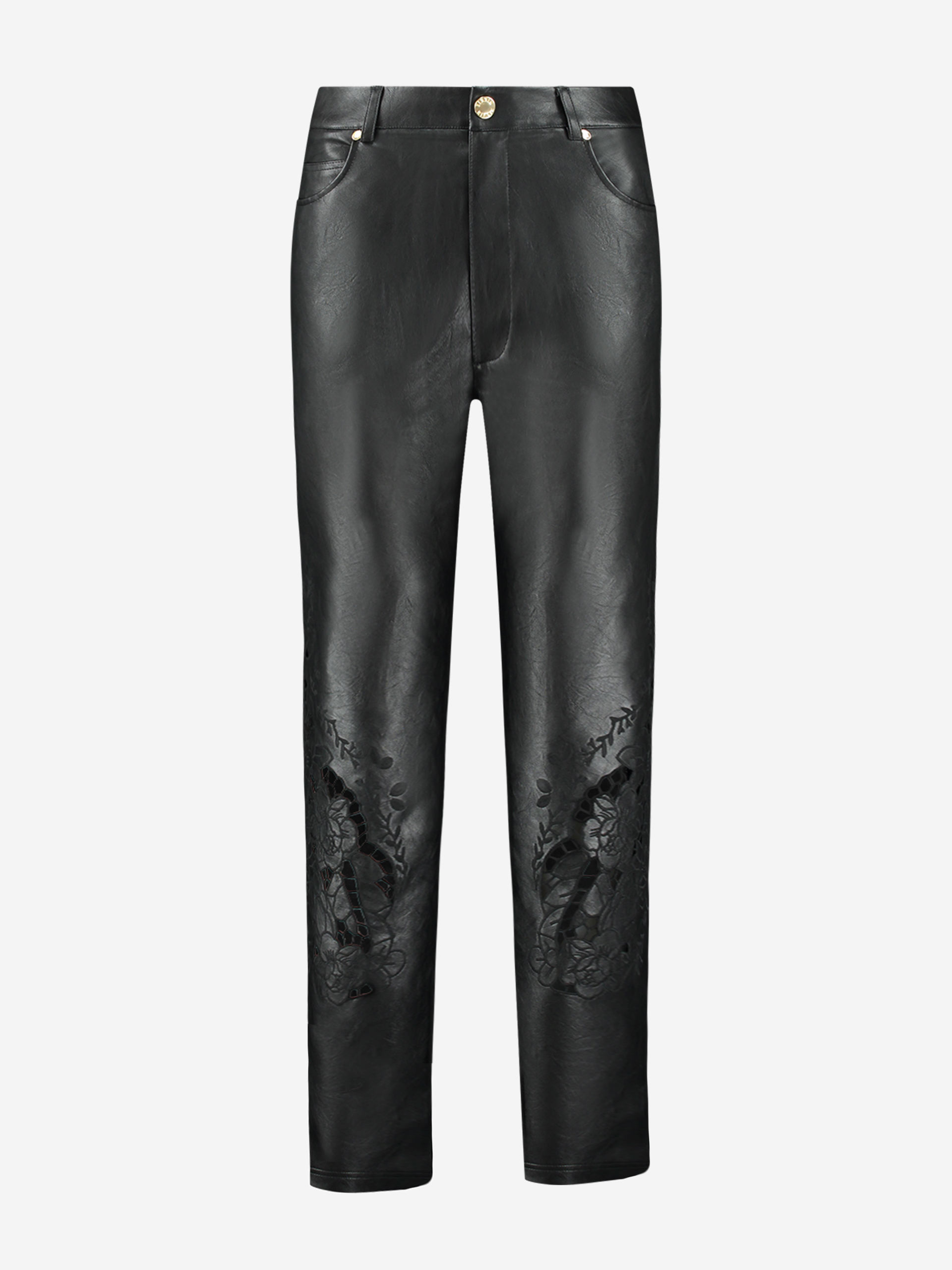 Low rise vegan leather pants with embroidery details