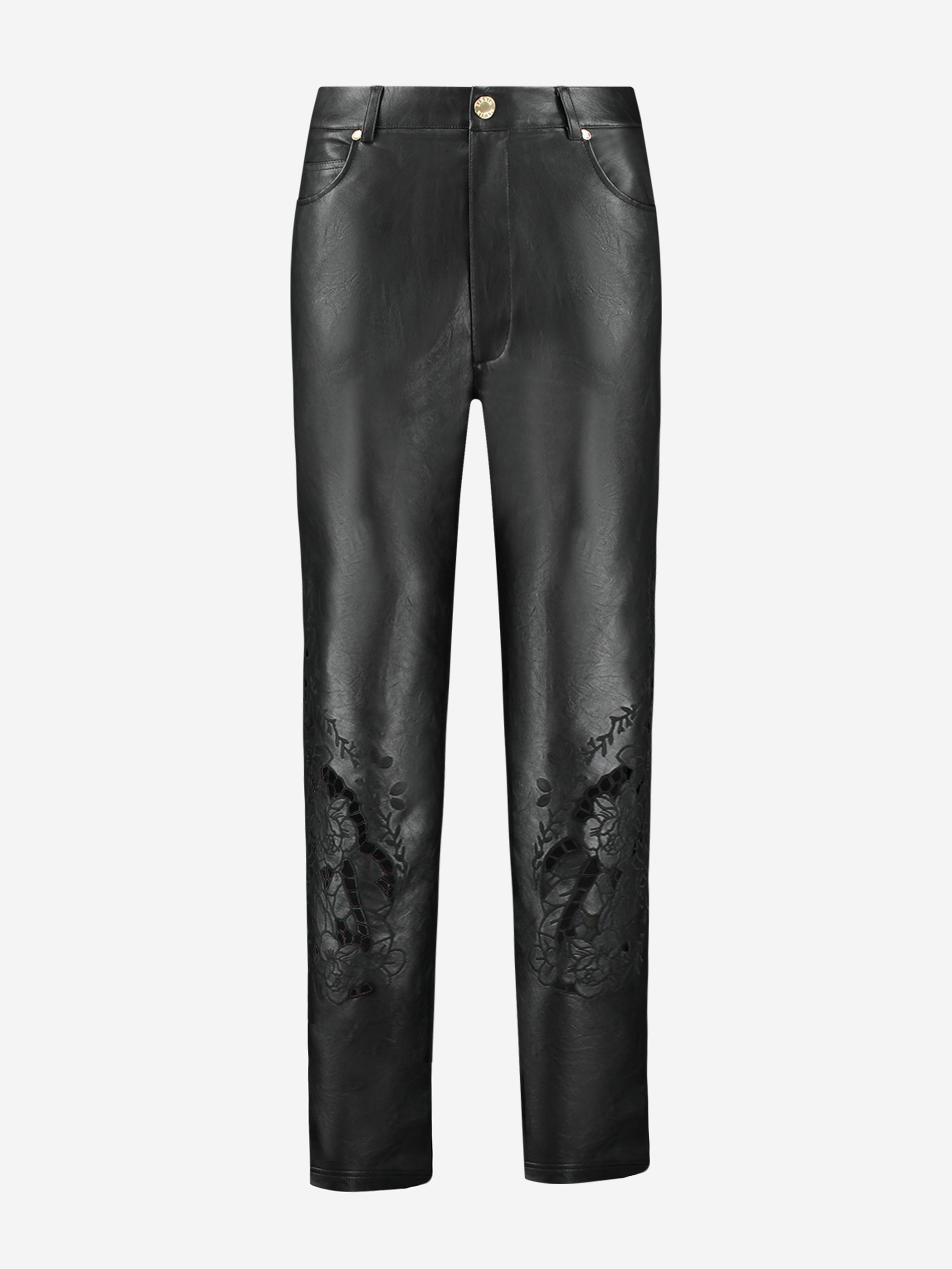 Vegan leren broek met lage taille en geborduurde details 