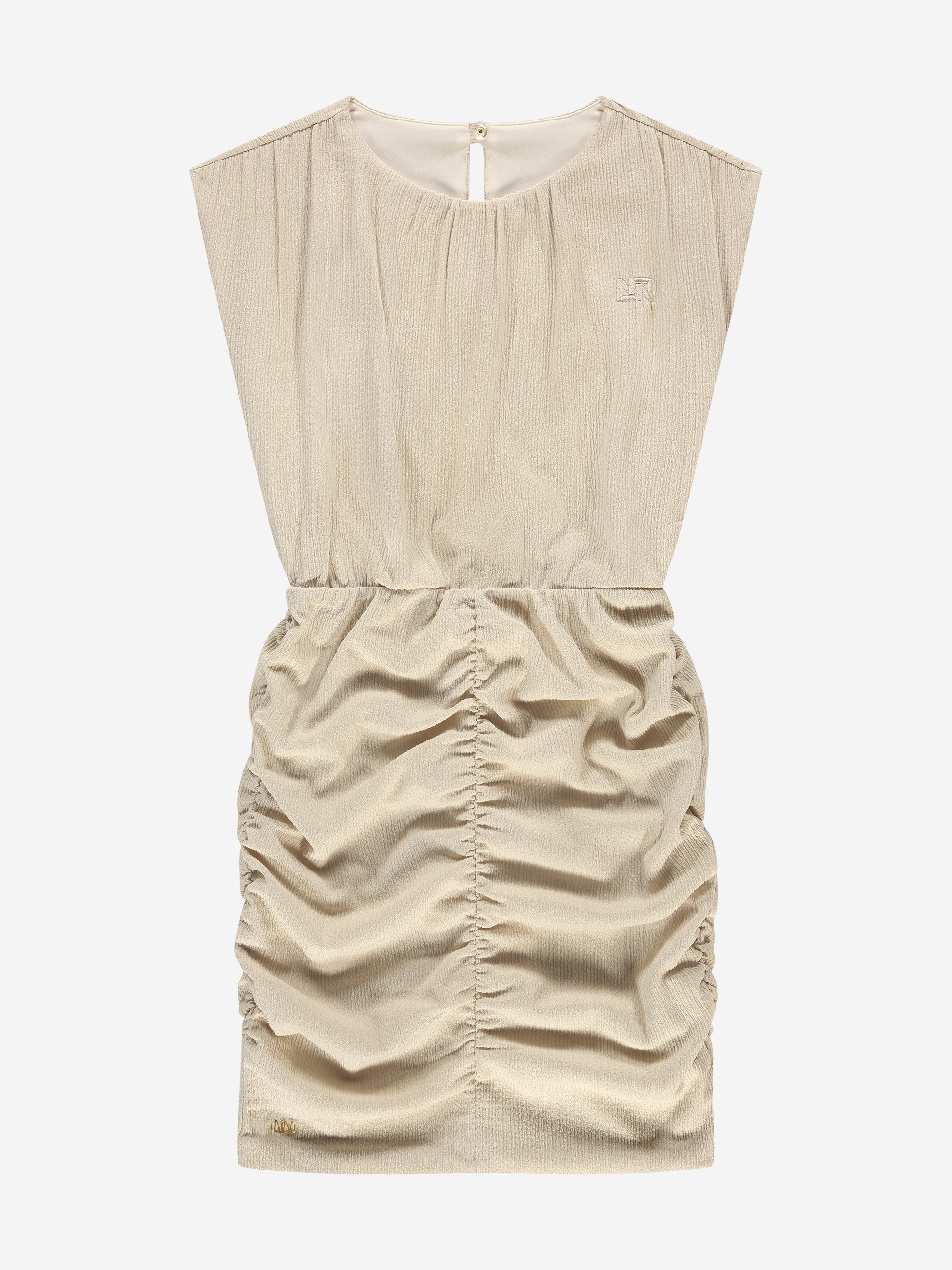 Draped dress with cap sleeves and elastic waistband