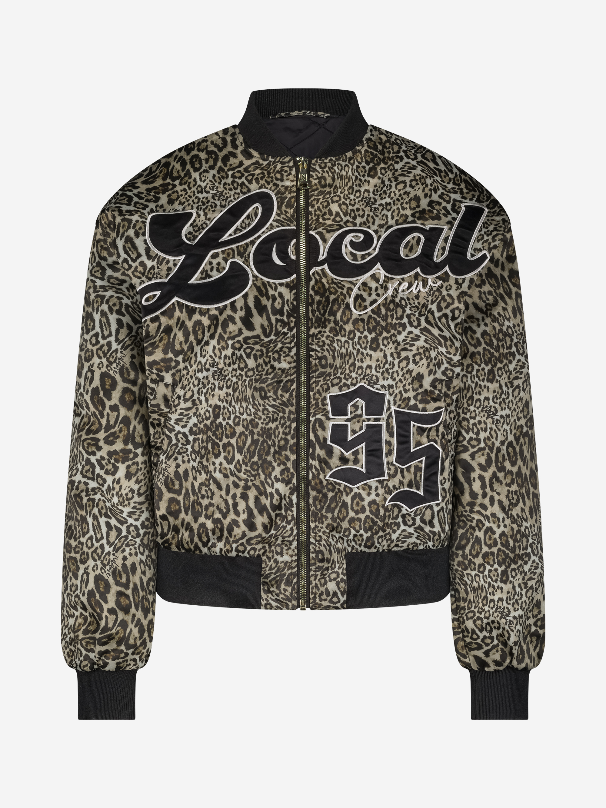 Bomberjack met luipaardprint en grafische letters