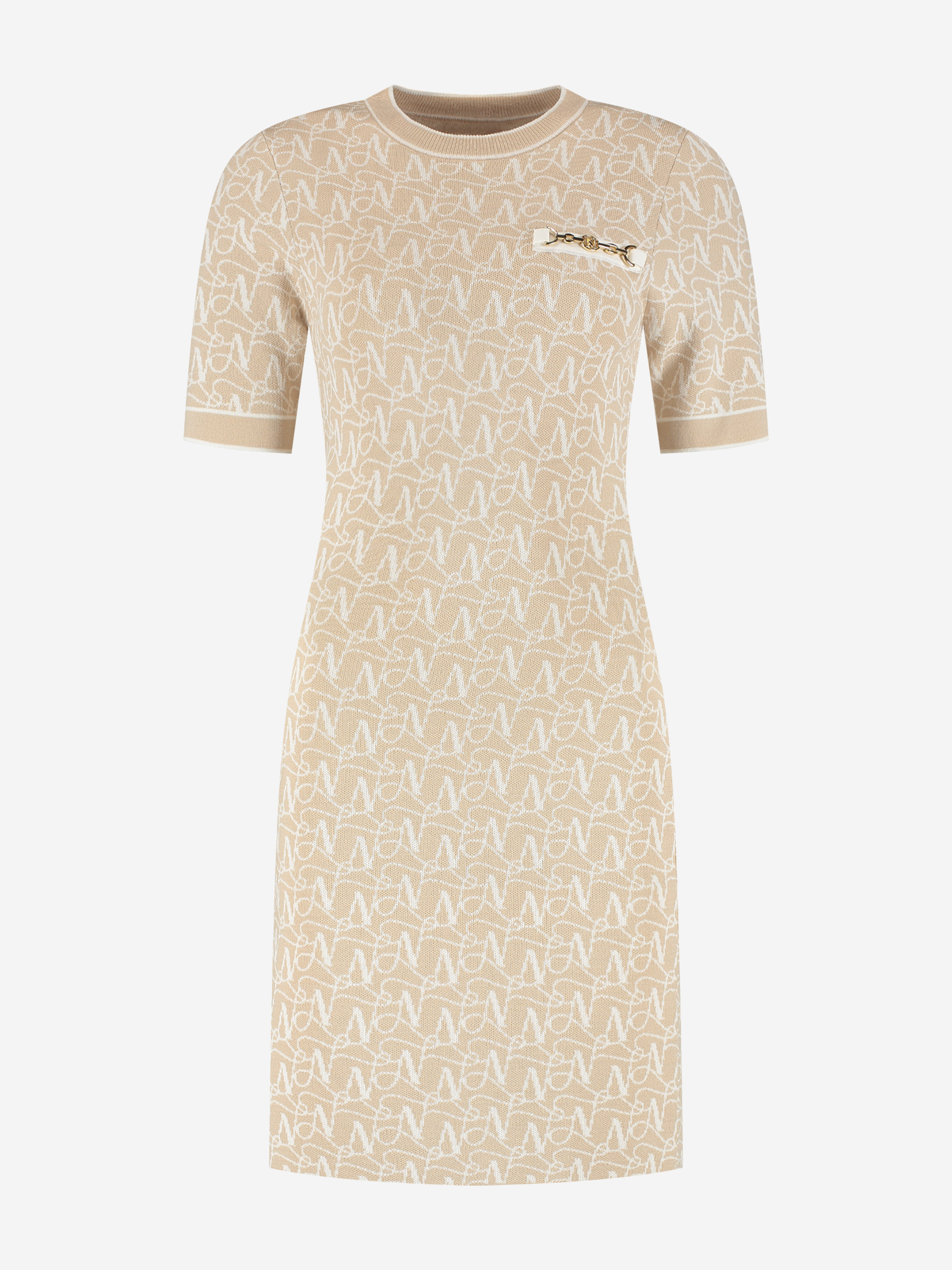 Fitted dress with logo pattern and chain detail