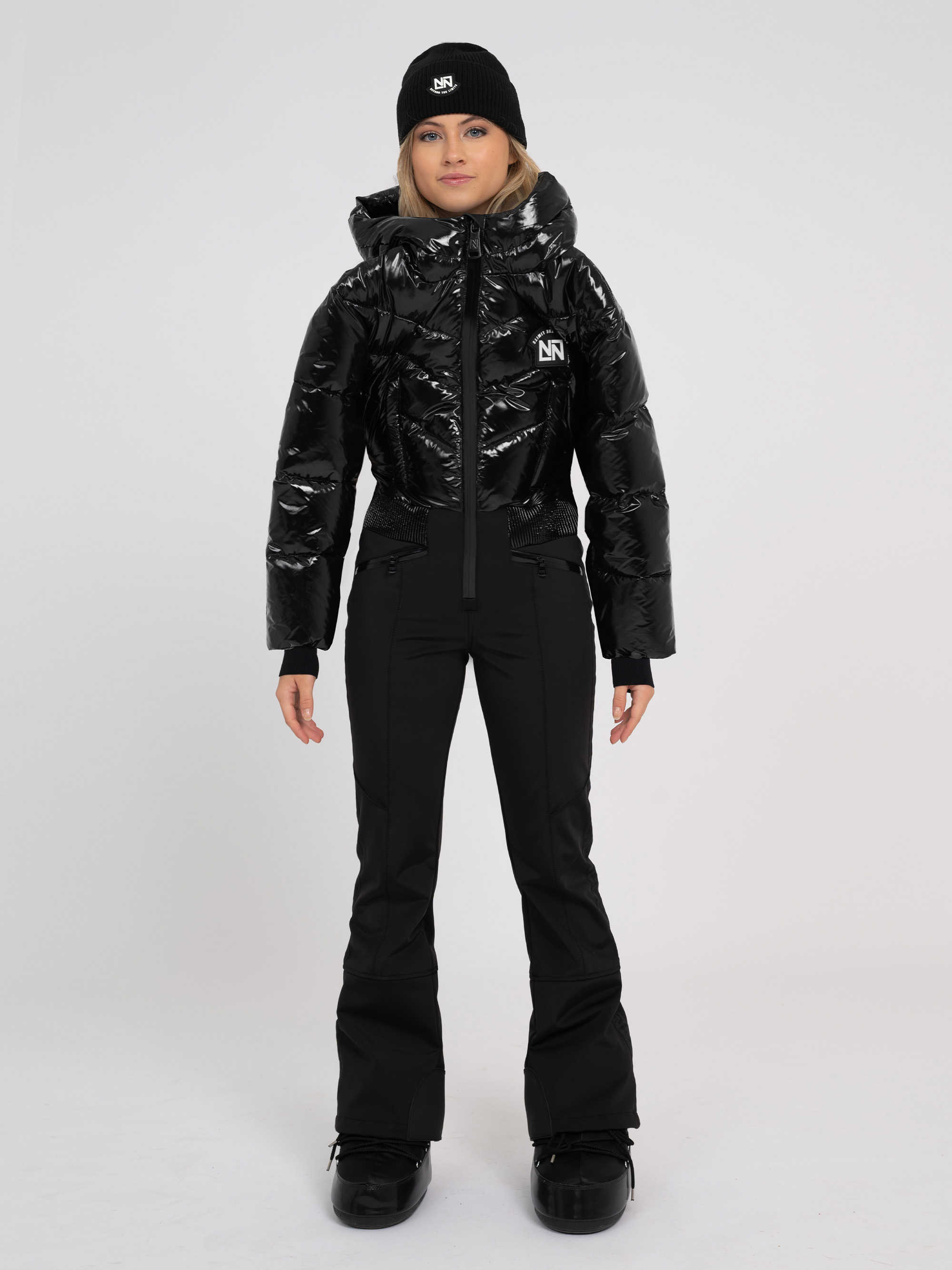 Ski jumpsuit with hood and adjustable waist