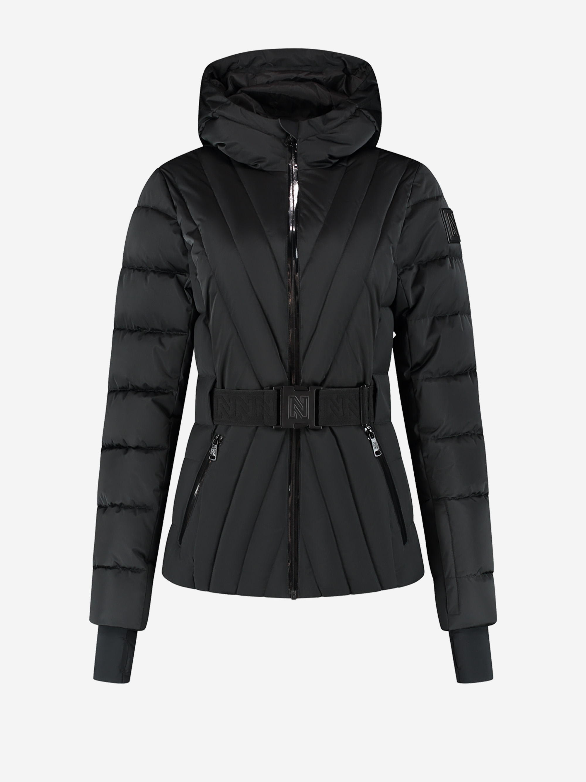 Ski jacket with adjustable belt